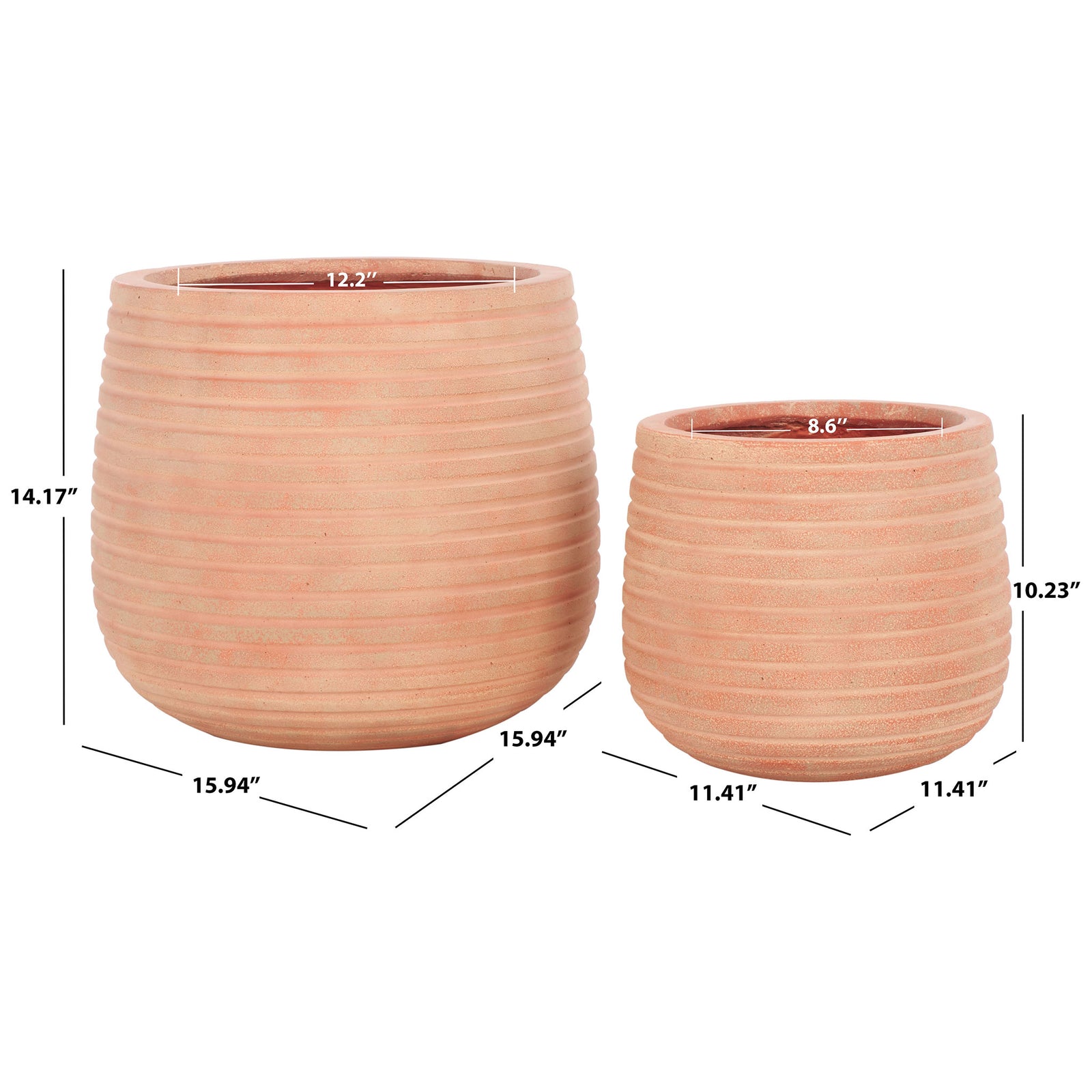 Two terracotta planters combine 12.2-inch and 8.6-inch openings with rounded profiles || PAT1535D-SET2 || dimension_studio