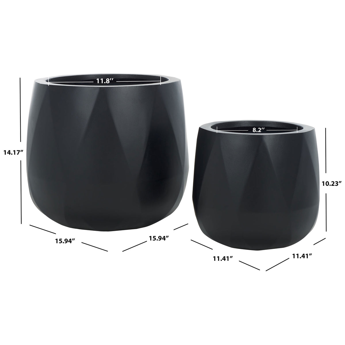Black planters measure 15.94 and 11.41 inches wide for flexible plant styling. || PAT1536A-SET2 || dimension_studio