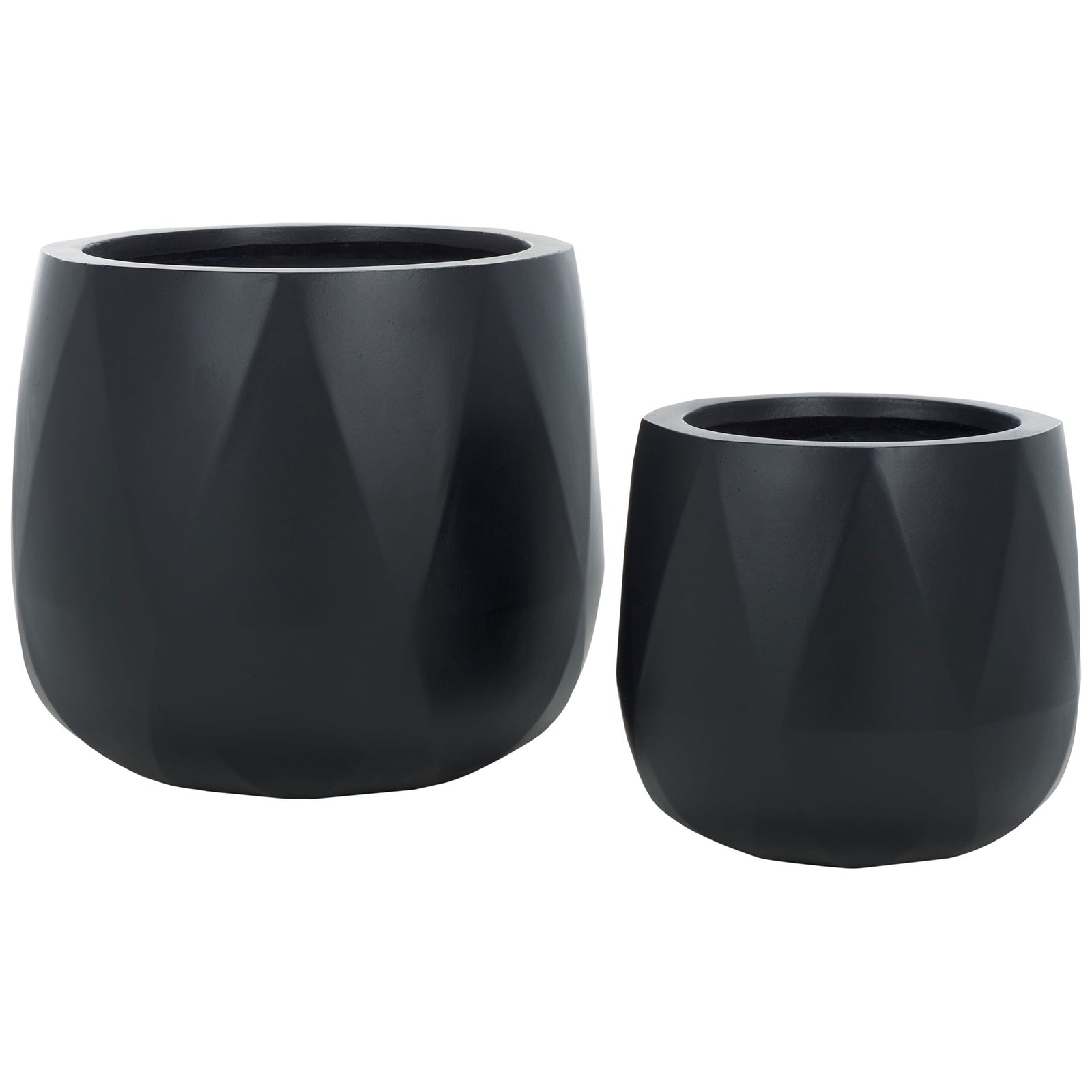 Two rounded black planters showcase bold geometric facets in contrasting sizes. || PAT1536A-SET2 || front_studio