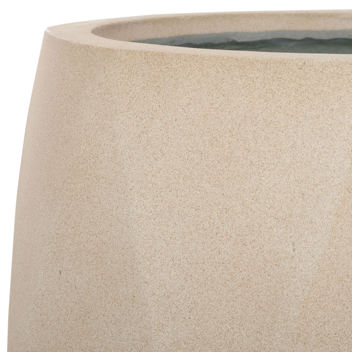 A softly rounded rim complements the beige planter's fine, stone-like texture. || PAT1536B-SET2 || detail_studio