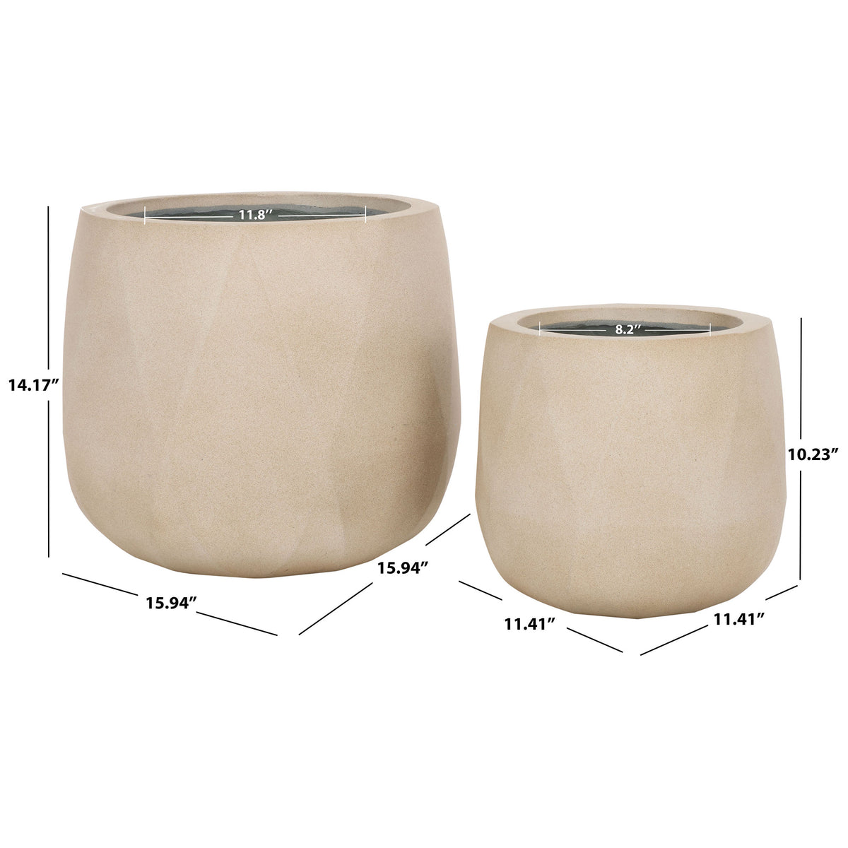 Beige planters measure 15.94 and 11.41 inches across for plants of different sizes.
