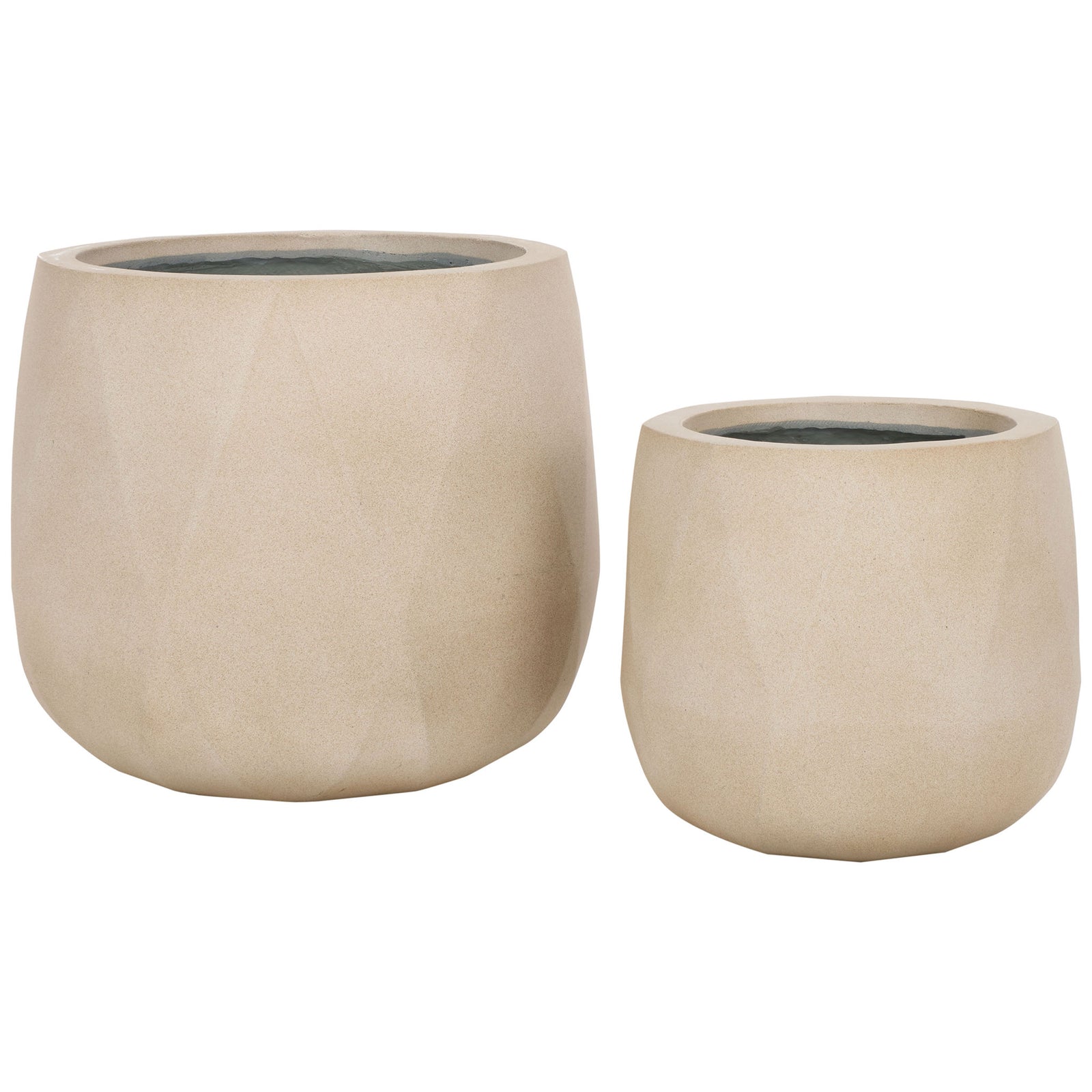 Two rounded beige planters in complementary sizes bring effortless style to greenery. || PAT1536B-SET2 || front_studio