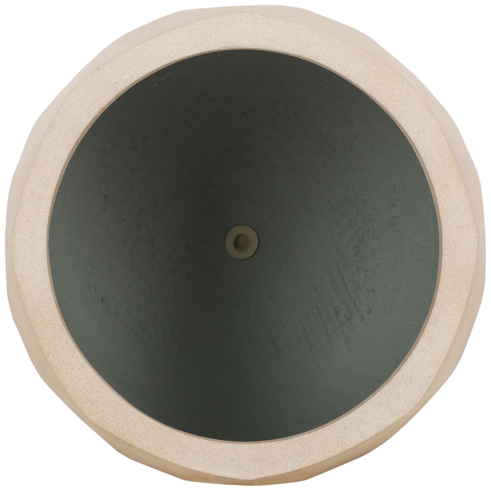 A broad beige rim frames the planter's deep interior and drainage opening. || PAT1536B-SET2 || top_partial_studio