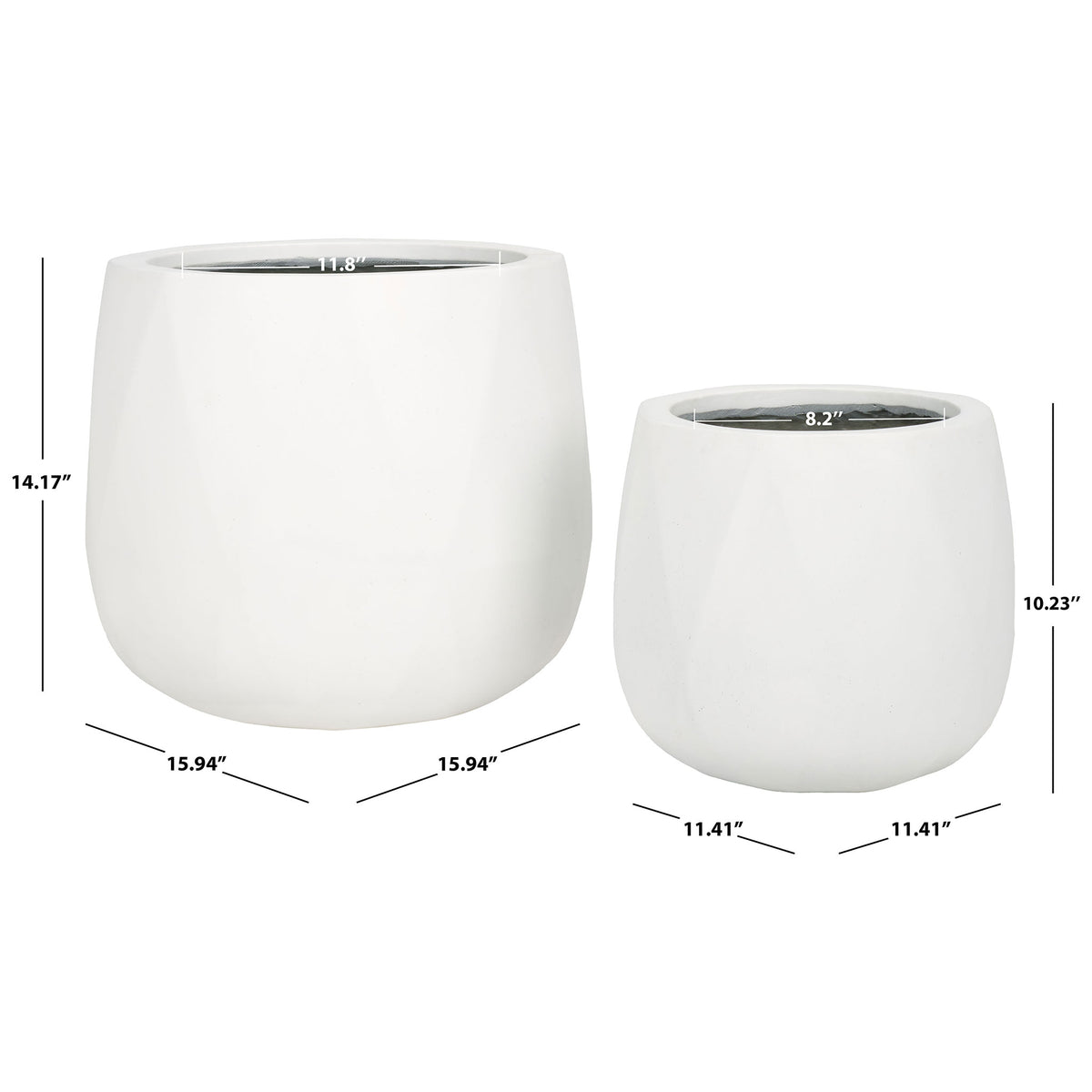 White planters measure 15.94 and 11.41 inches across for flexible plant displays. || PAT1536C-SET2 || dimension_studio