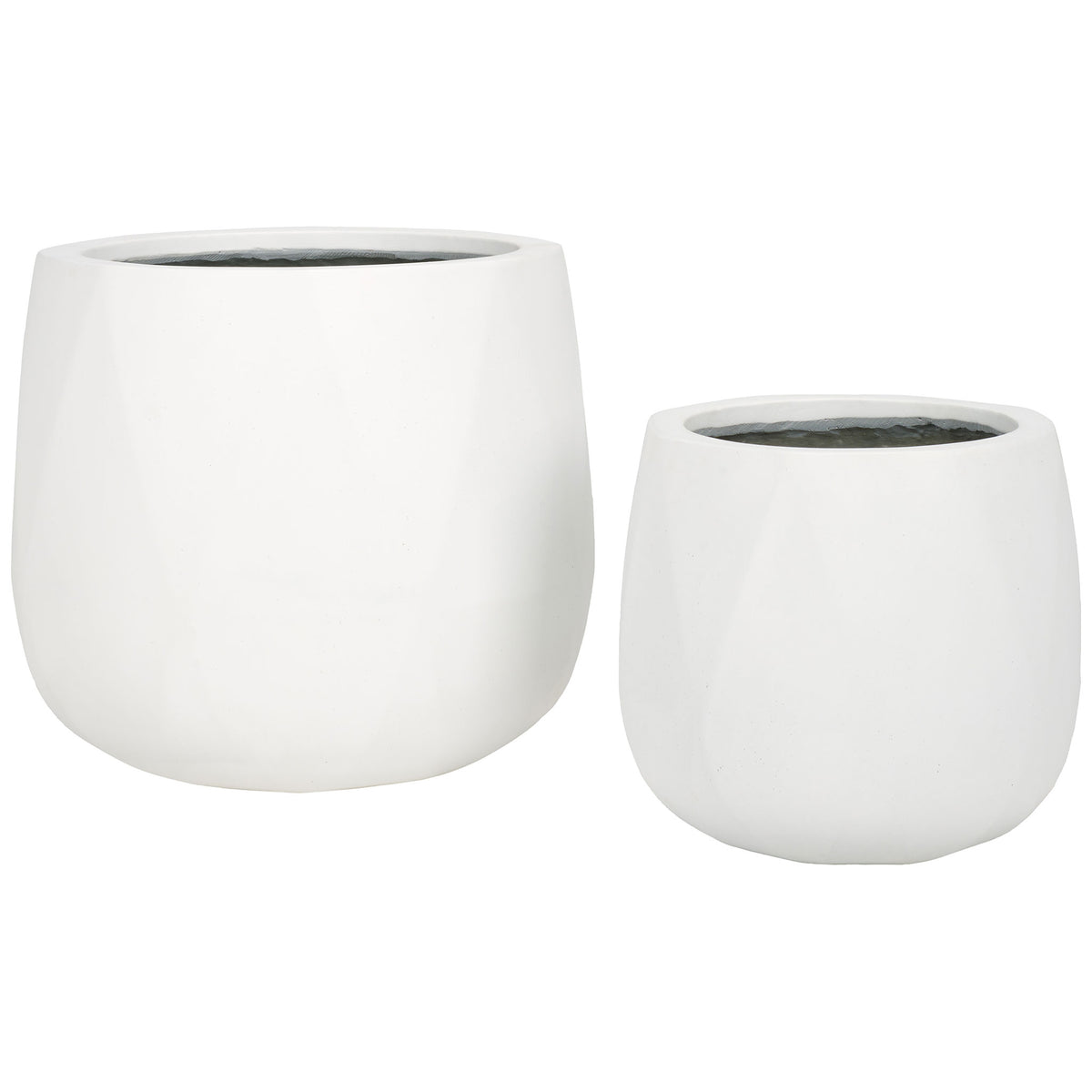 Two rounded white planters feature understated geometric facets in complementary sizes. || PAT1536C-SET2 || front_studio