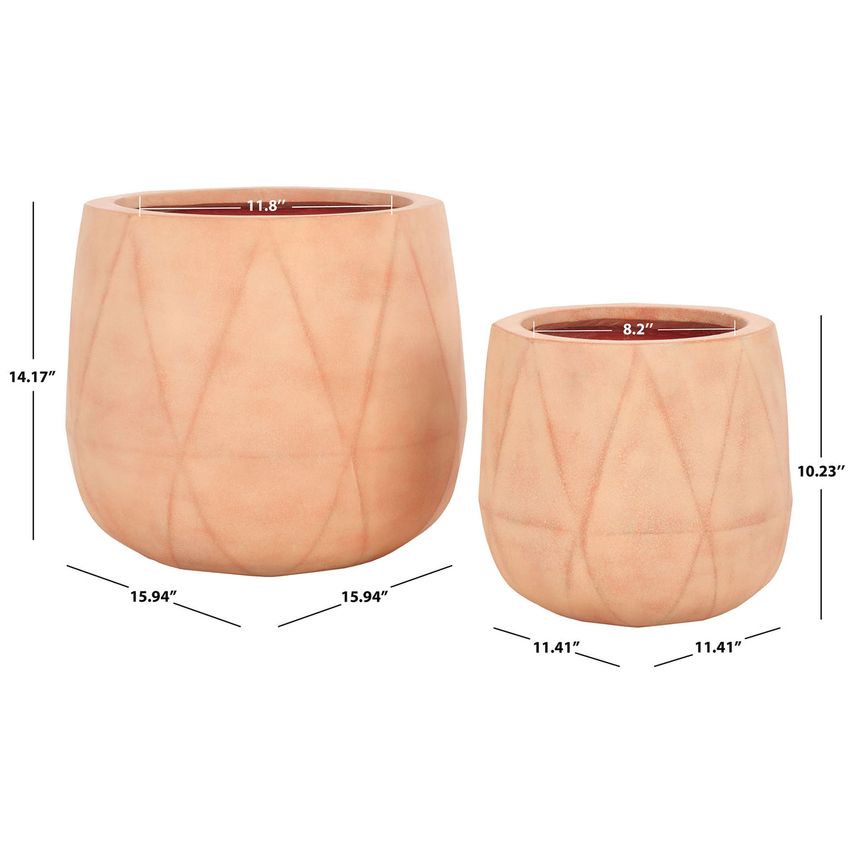Terracotta planters measure 15.94 and 11.41 inches across for a layered display.