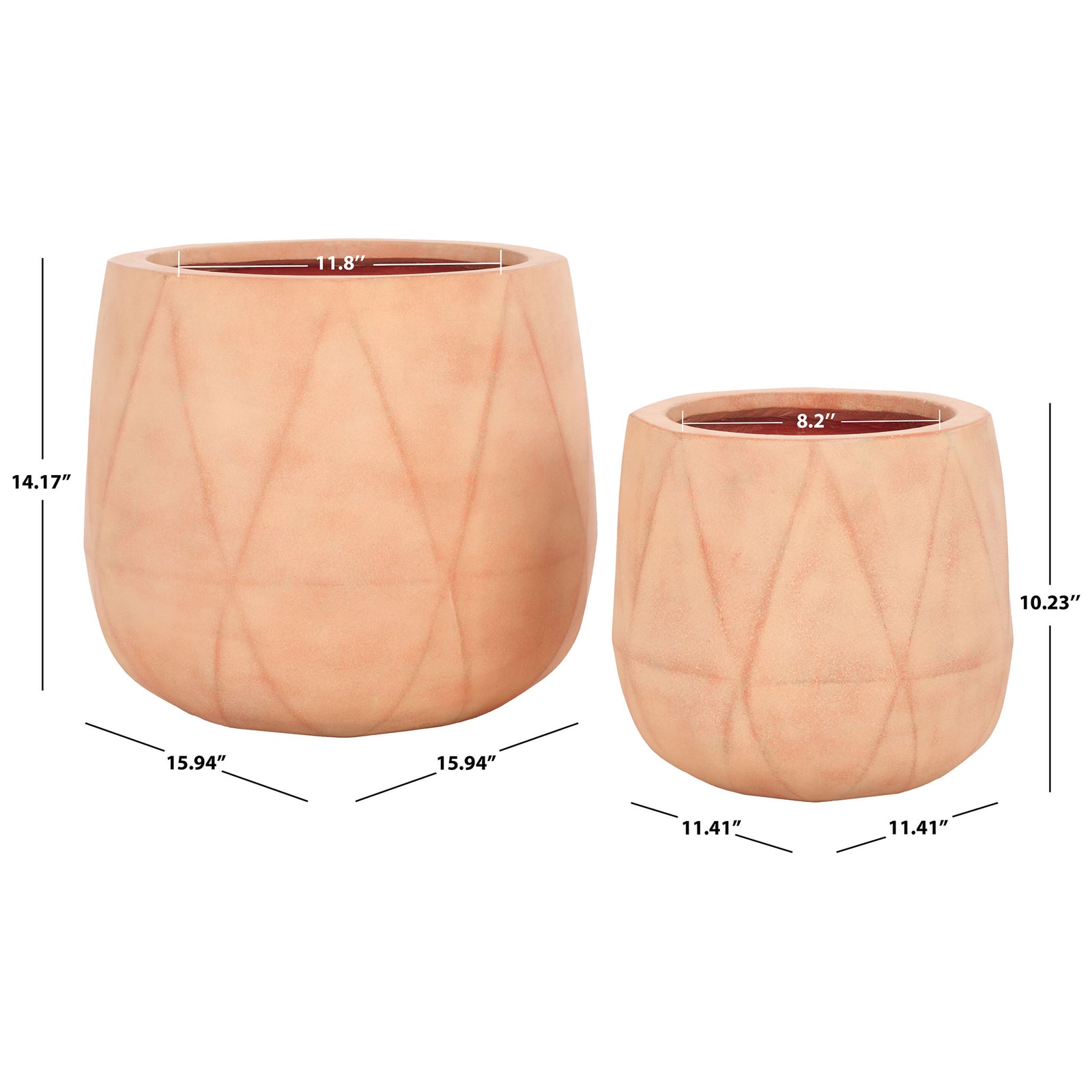 Terracotta planters measure 15.94 and 11.41 inches across for a layered display. || PAT1536D-SET2 || dimension_studio