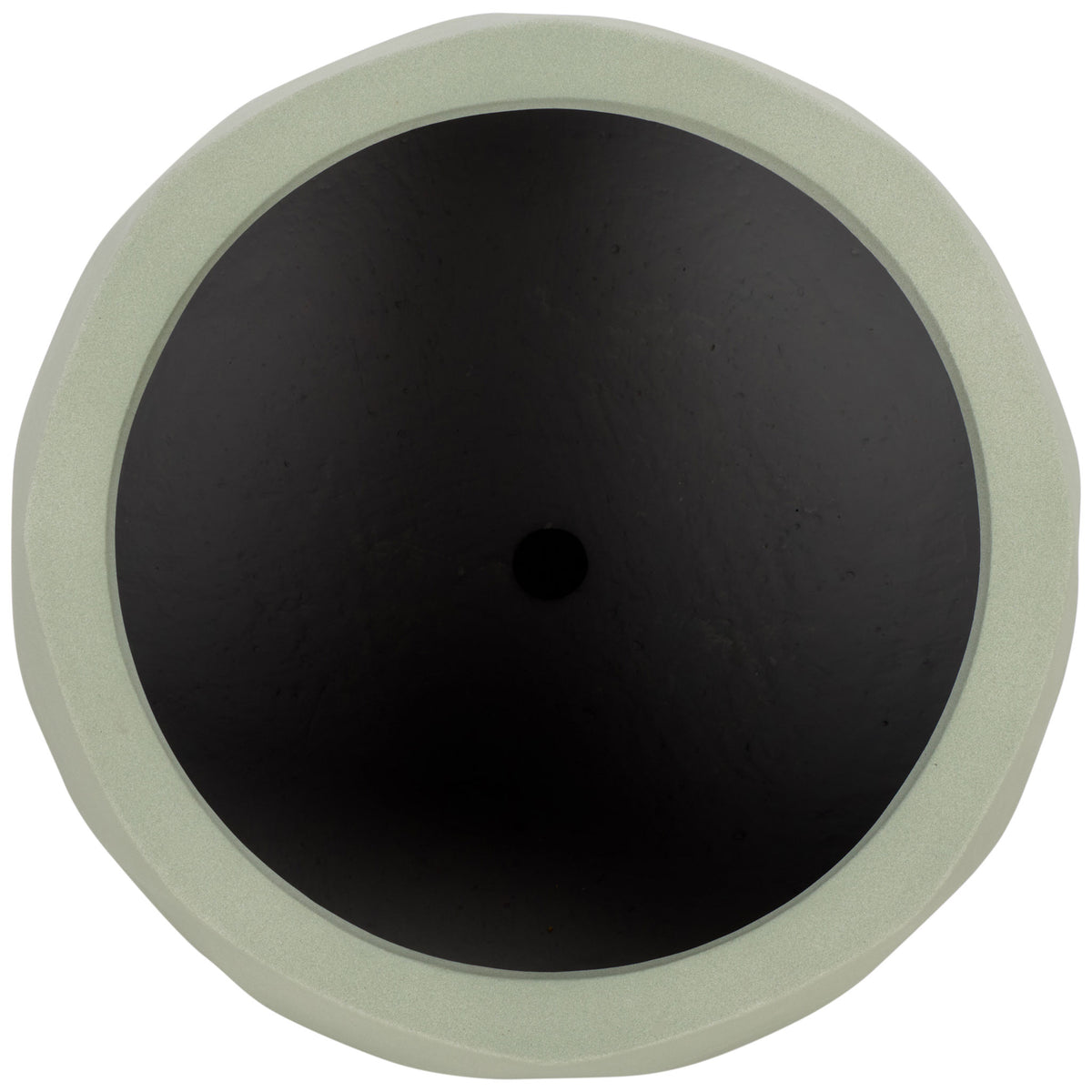 A broad sage rim surrounds a roomy interior with a visible drainage opening.