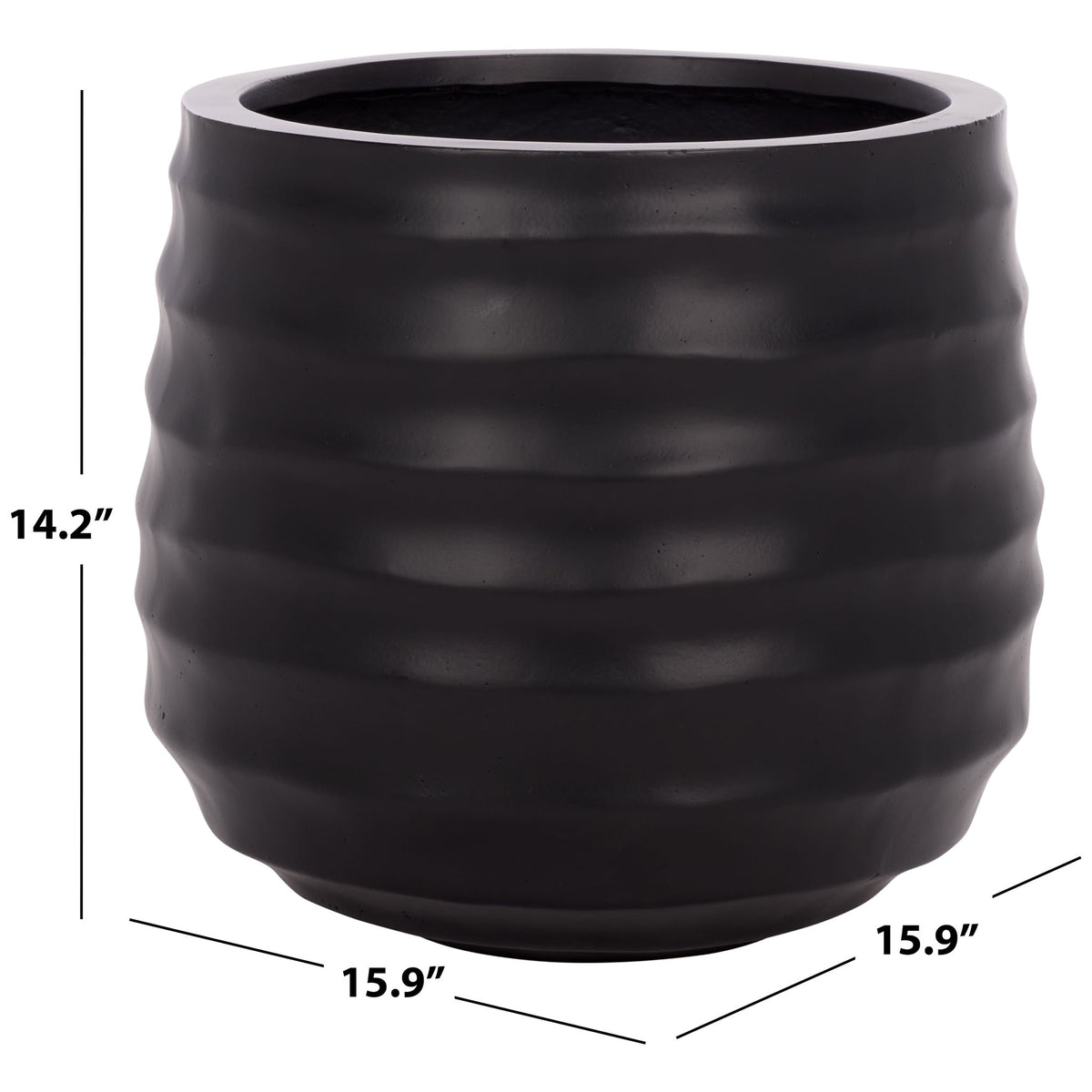 This black ridged planter measures 15.9 inches wide and 14.2 inches high.