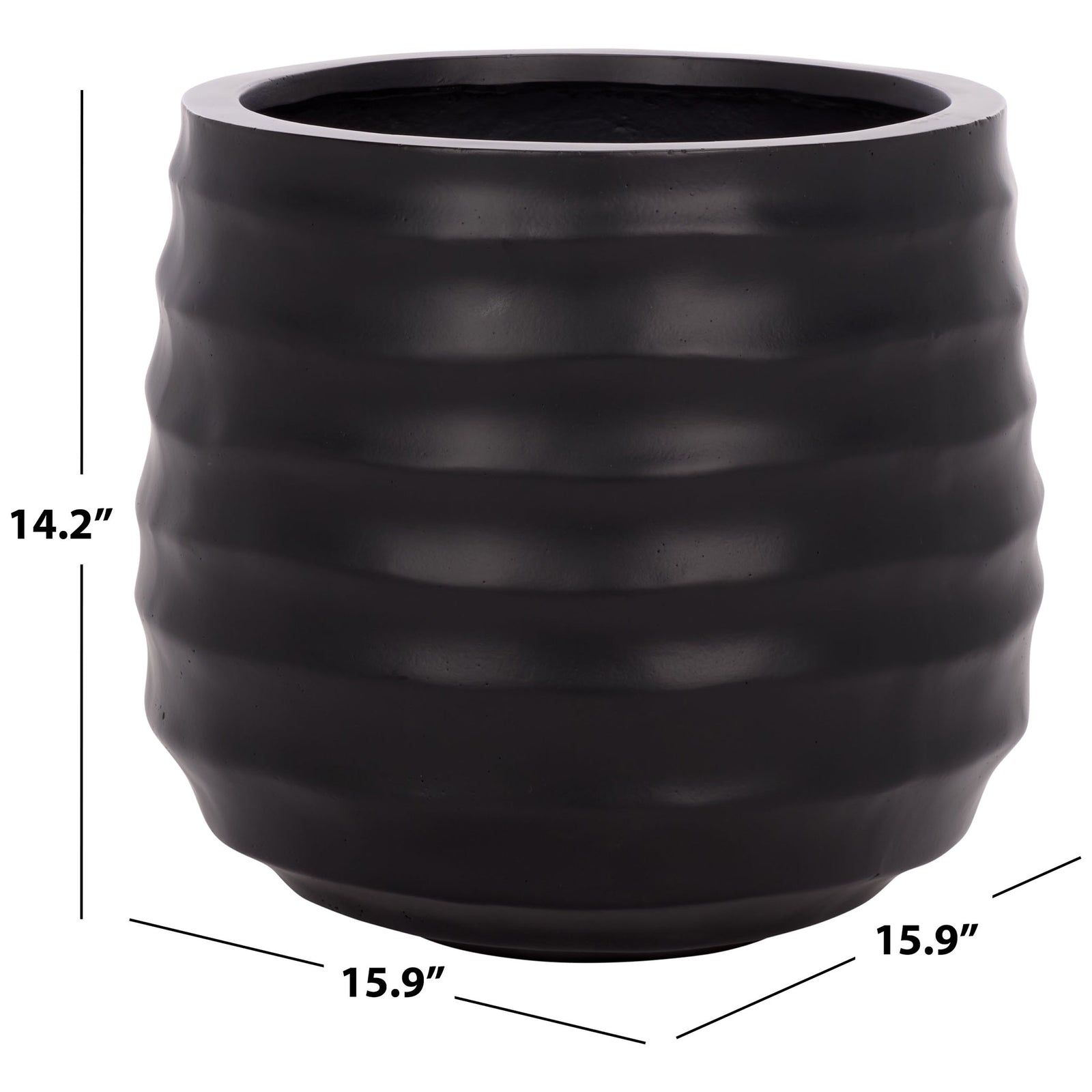 This black ridged planter measures 15.9 inches wide and 14.2 inches high. || PAT1542A || dimension_studio