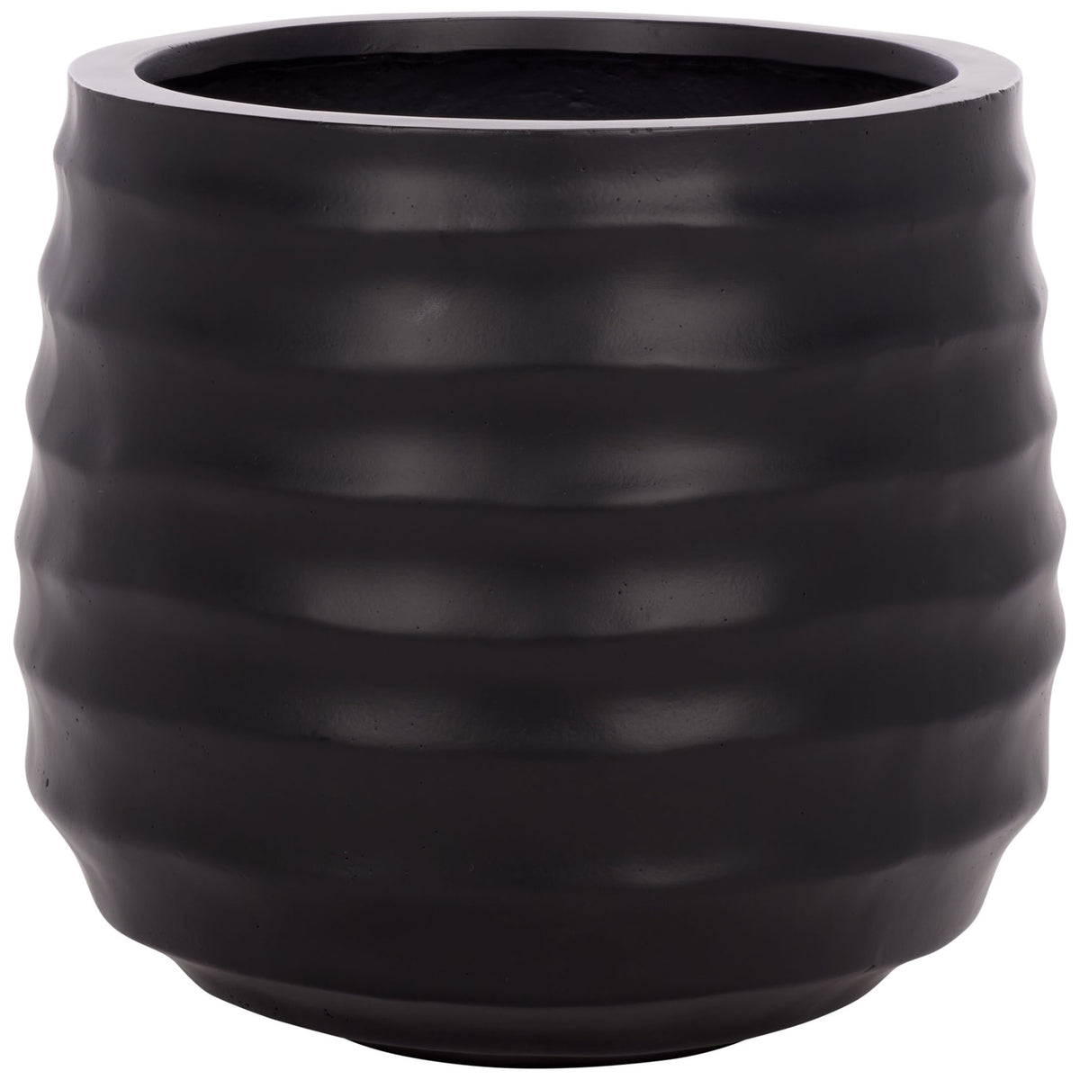 A black planter combines a broad rim, rounded body, and softly sculpted ridges. || PAT1542A || front_studio