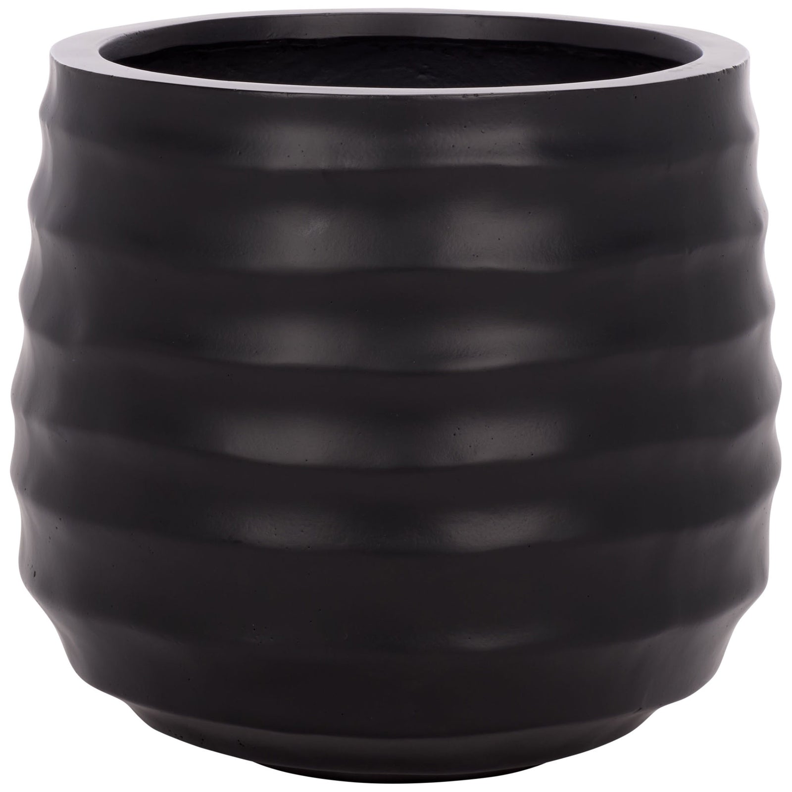 A black planter combines a broad rim, rounded body, and softly sculpted ridges. || PAT1542A || front_studio