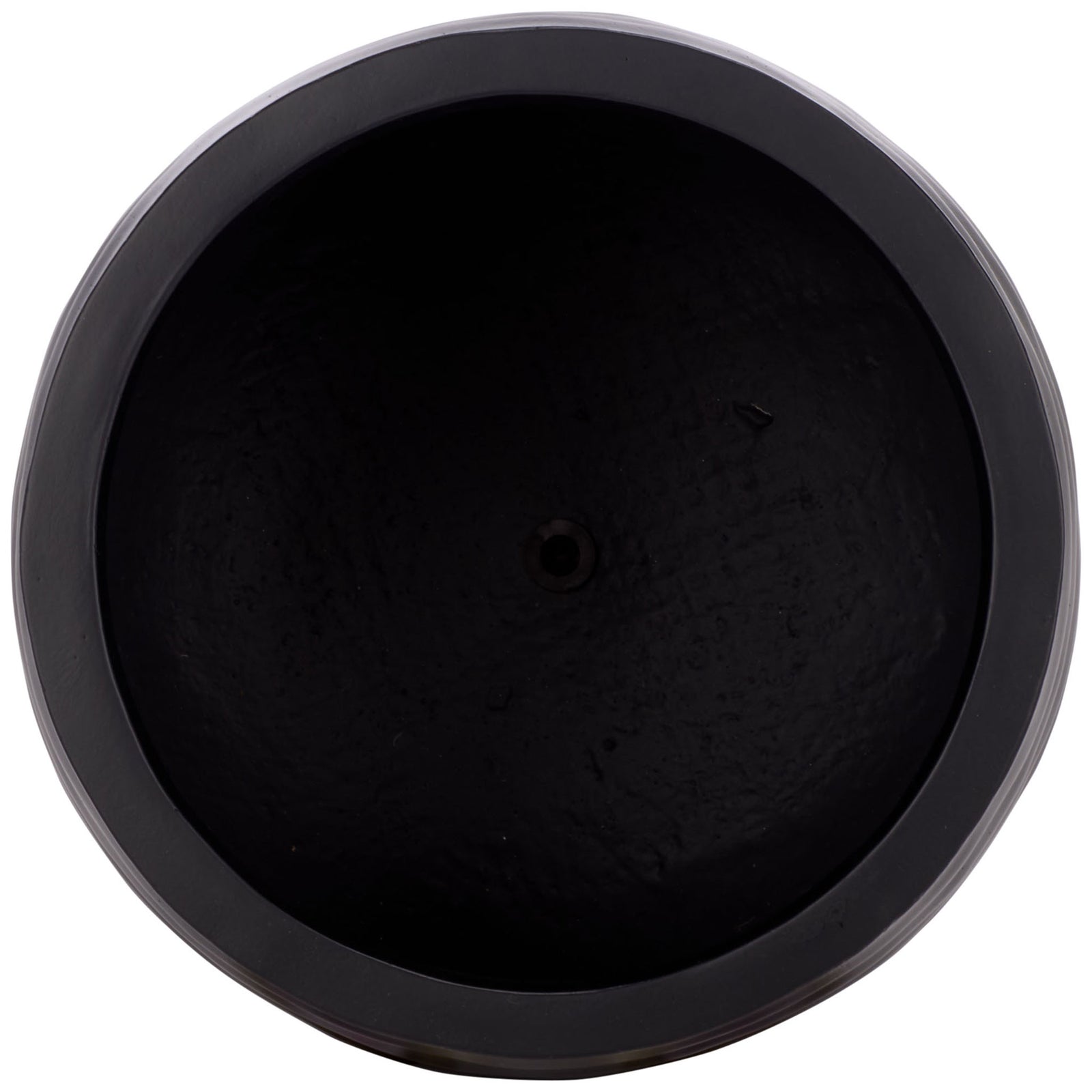 The black planter features a wide circular opening and a central drainage hole. || PAT1542A || top_studio