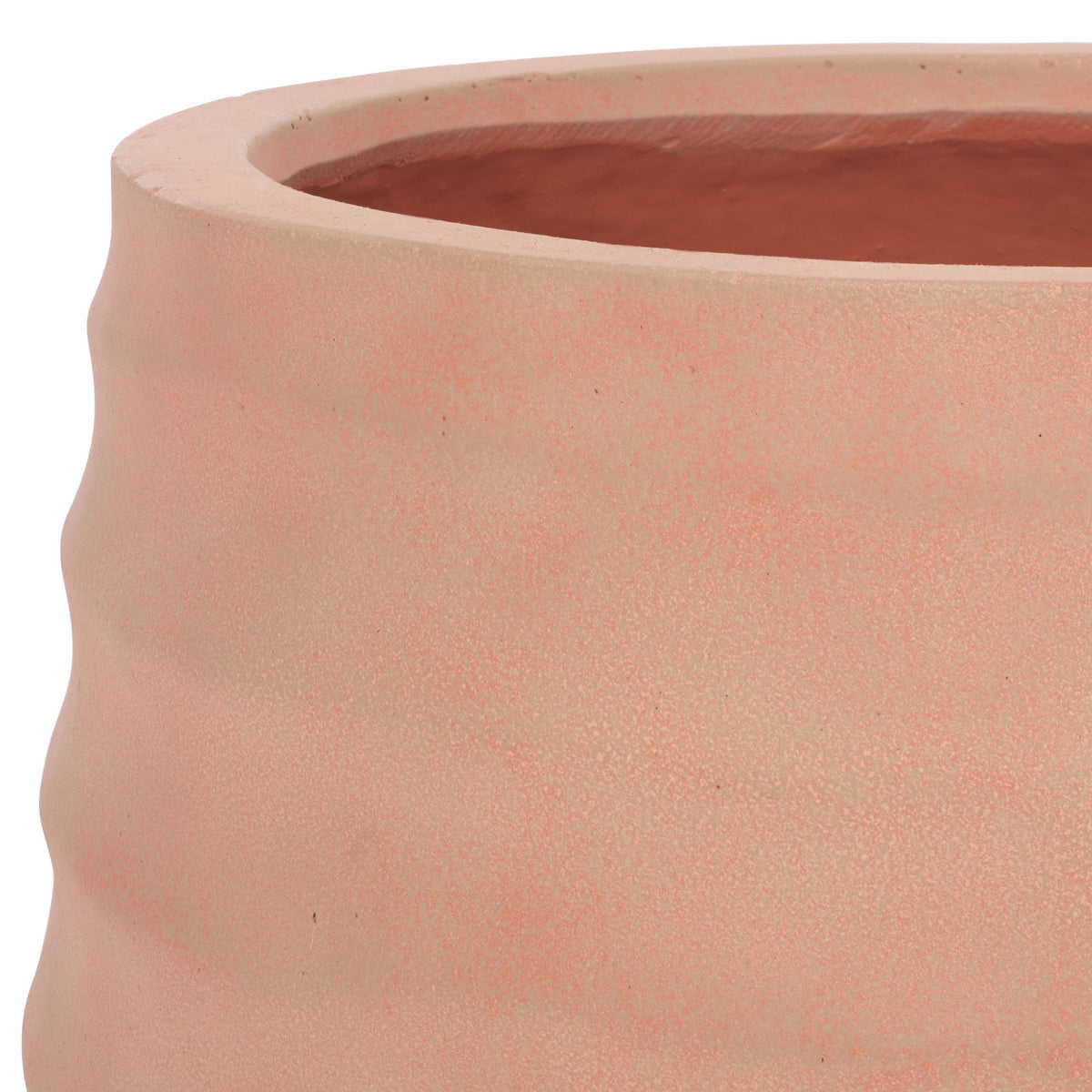 Warm terracotta color and soft horizontal ridges give this planter earthy character.