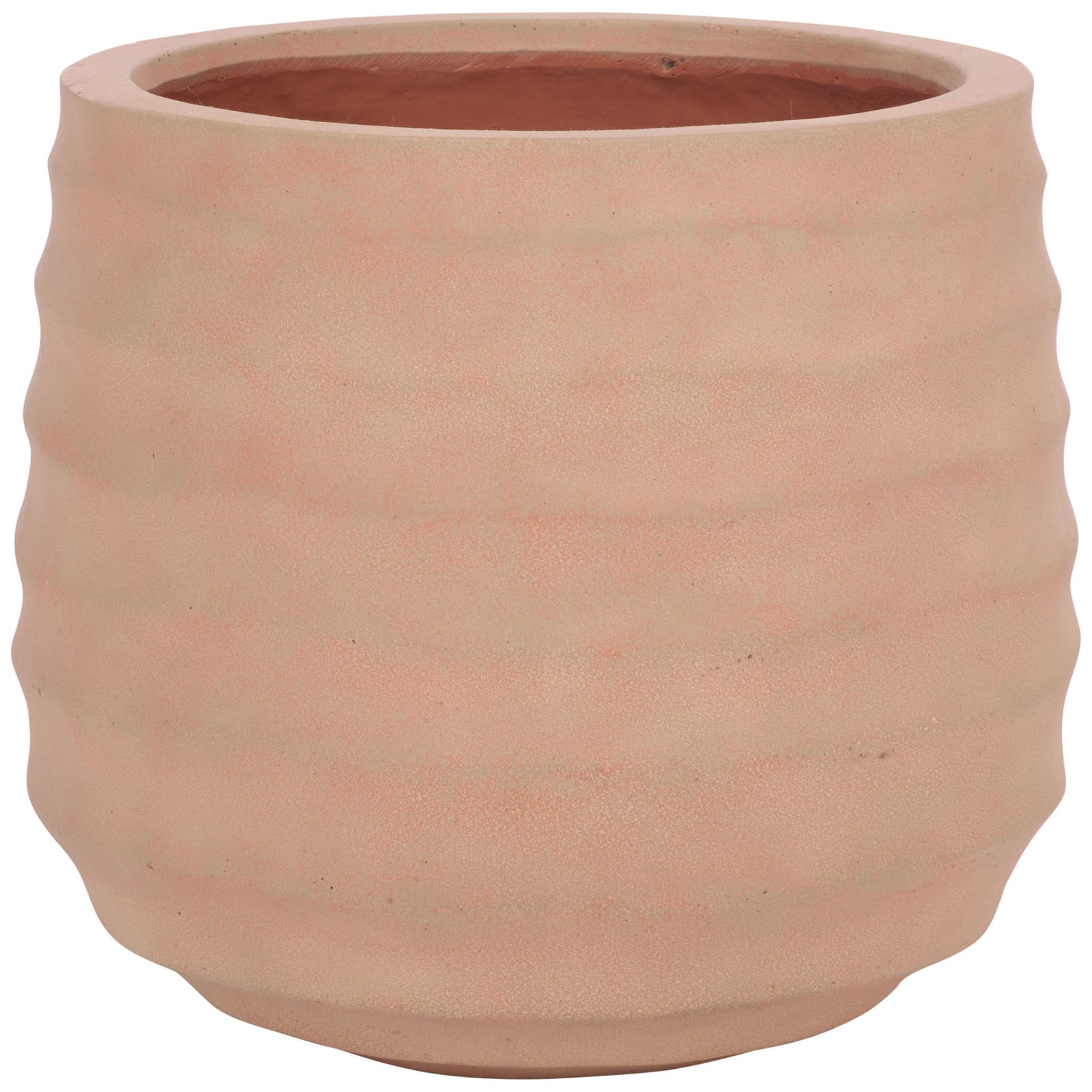 A terracotta planter showcases a rounded body, broad rim, and softly rippled sides. || PAT1542D || front_studio