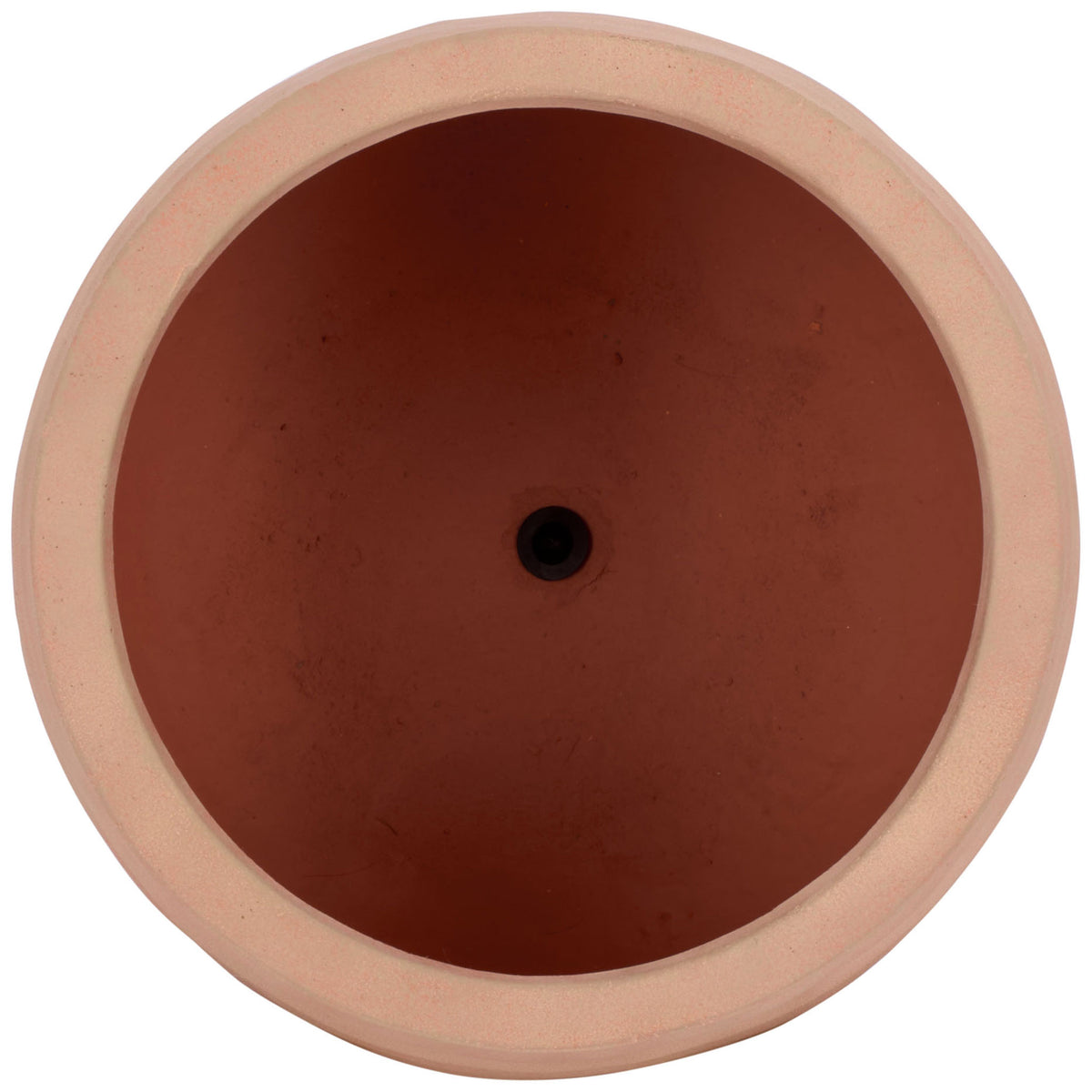 The terracotta planter has a broad circular opening and a central drainage hole. || PAT1542D || top_studio