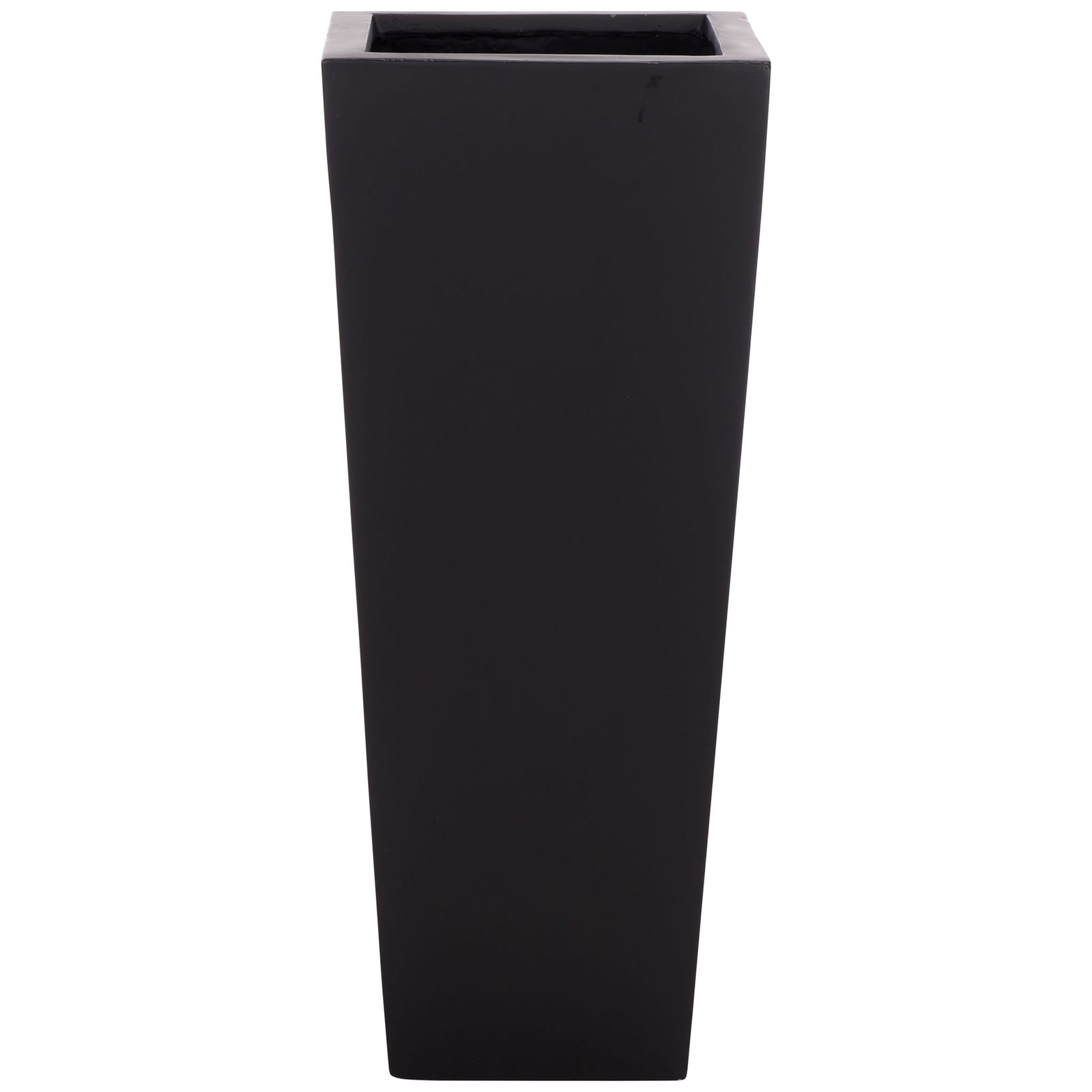 A tall black planter pairs a crisp square opening with clean sides that taper toward the base. || PAT1543A || front_studio
