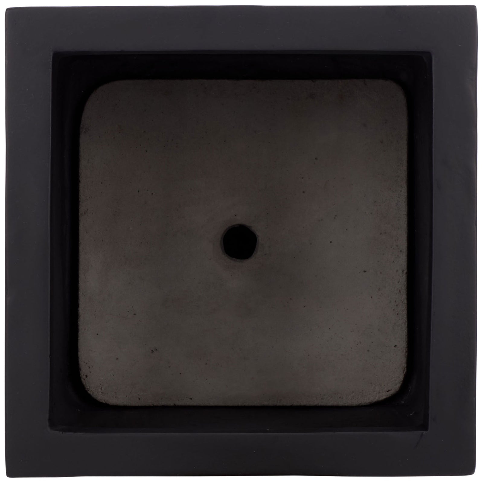 A recessed square planting well includes a drainage hole beneath its black rim. || PAT1543A || top_studio