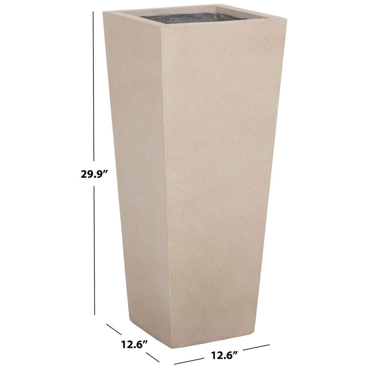This beige square planter measures 12.6 inches wide and deep and stands 29.9 inches tall. || PAT1543B || dimension_studio