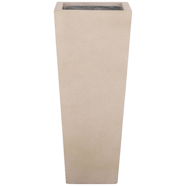 A tall beige planter tapers to a narrow base beneath a clean square rim. || PAT1543B || front_studio
