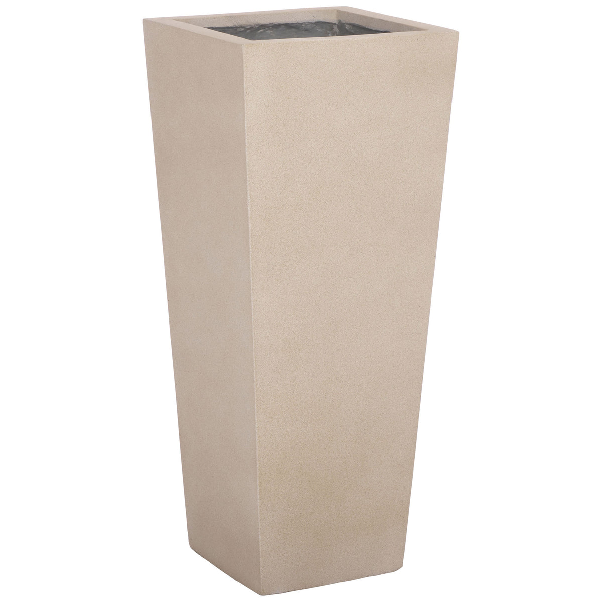 A softly textured beige finish wraps the planter's flared square form and tapered base. || PAT1543B || front_angle_studio