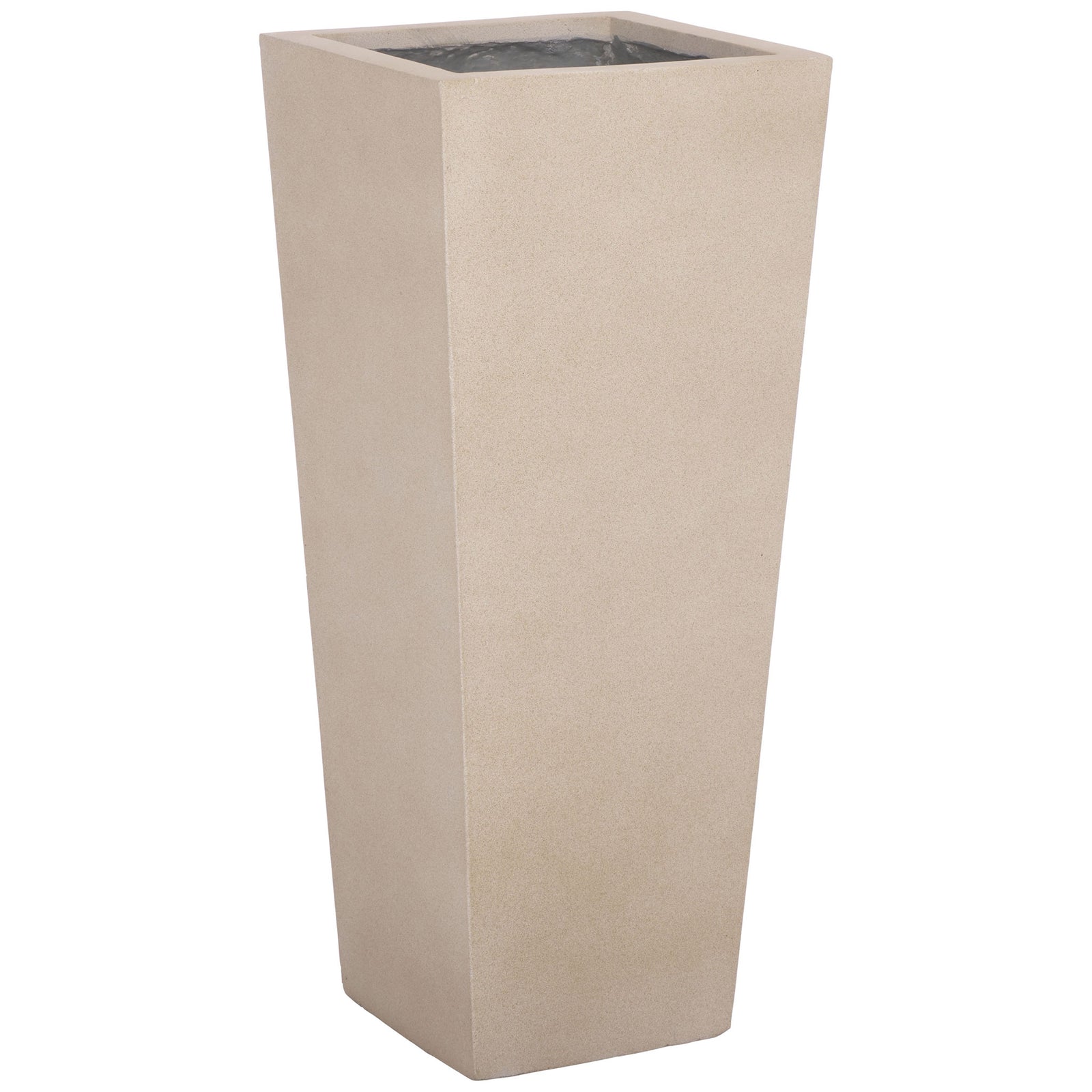 A softly textured beige finish wraps the planter's flared square form and tapered base. || PAT1543B || front_angle_studio