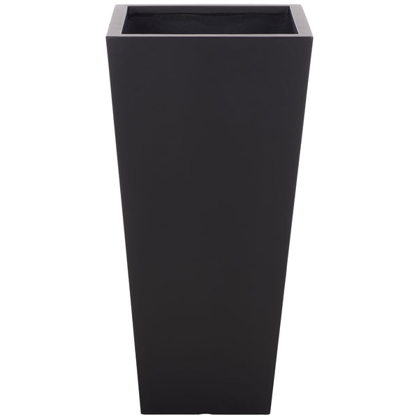 A broad square opening and sleek black finish define this generously sized tapered planter. || PAT1544A || front_studio