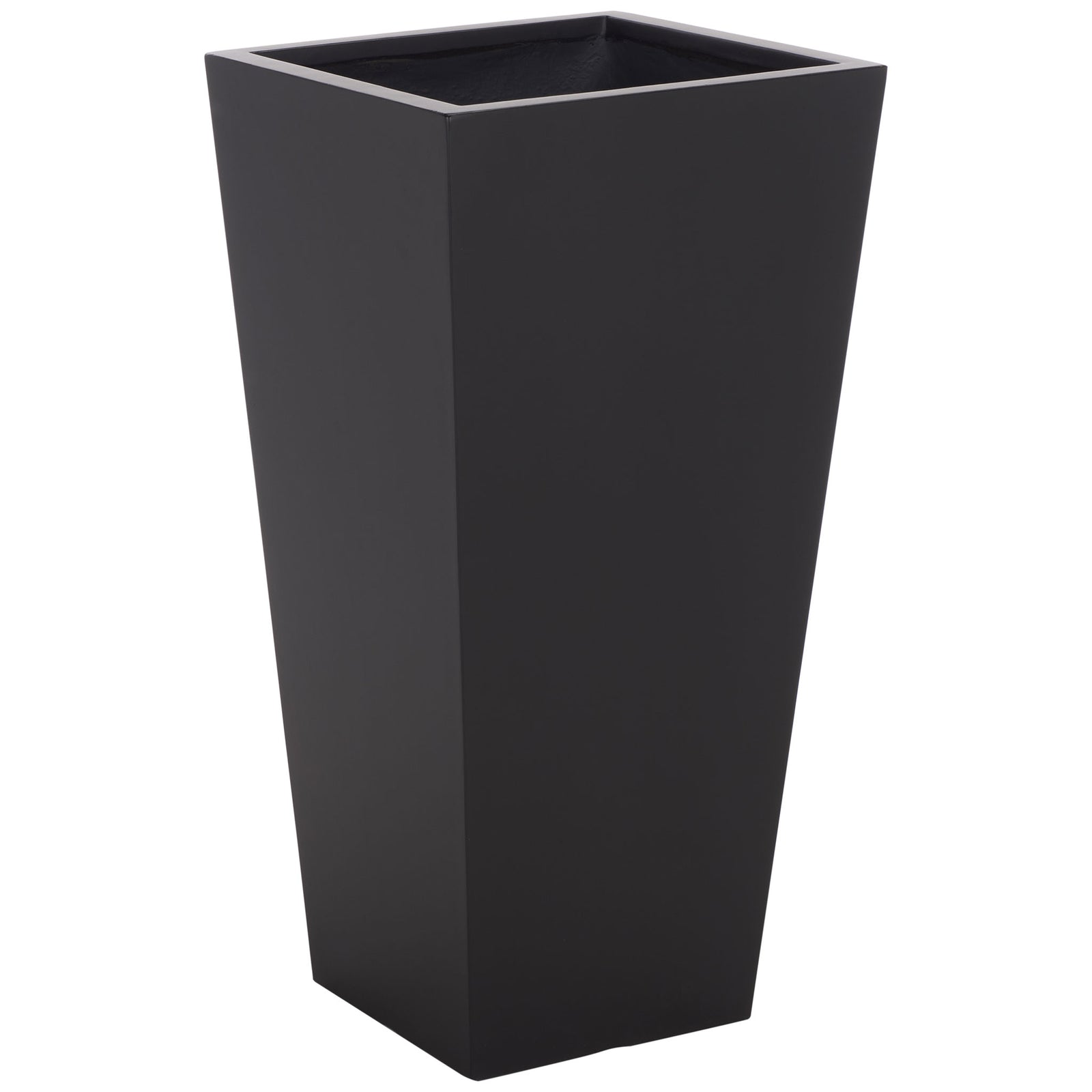 Bold black planes narrow toward the base beneath the planter's wide square rim. || PAT1544A || front_angle_studio