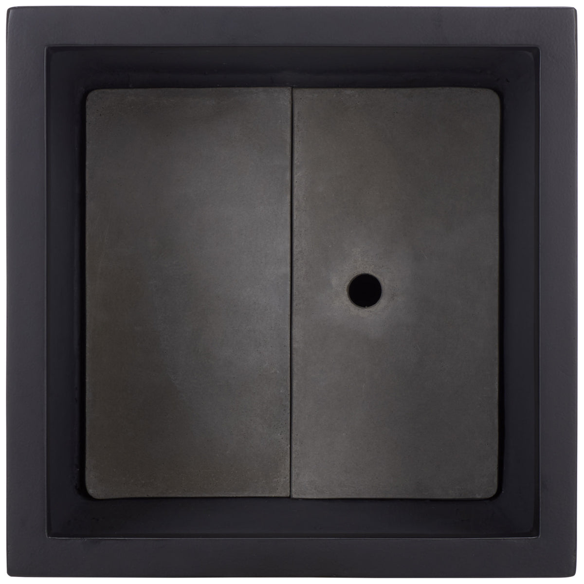 A wide black rim frames a planting well with a drainage hole in its paneled base. || PAT1544A || top_studio