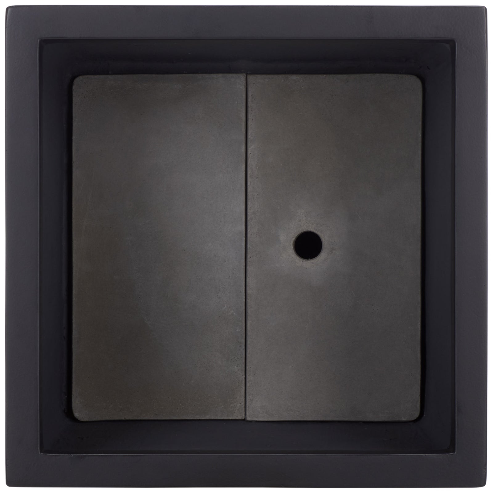 A wide black rim frames a planting well with a drainage hole in its paneled base. || PAT1544A || top_studio