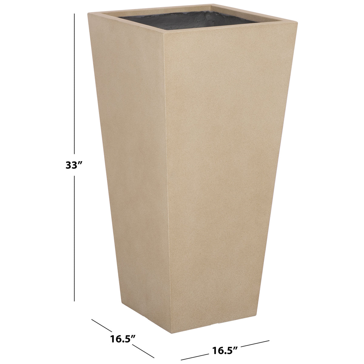 This beige planter stands 33 inches tall and measures 16.5 inches wide and deep. || PAT1544B || dimension_studio