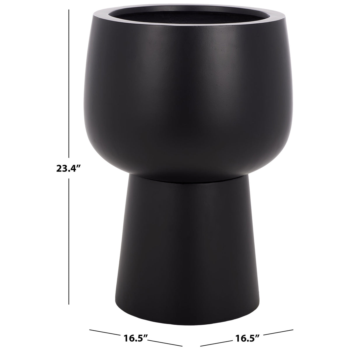Black pedestal planter stands 23.4 inches high and measures 16.5 inches wide and deep || PAT1545A || dimension_studio