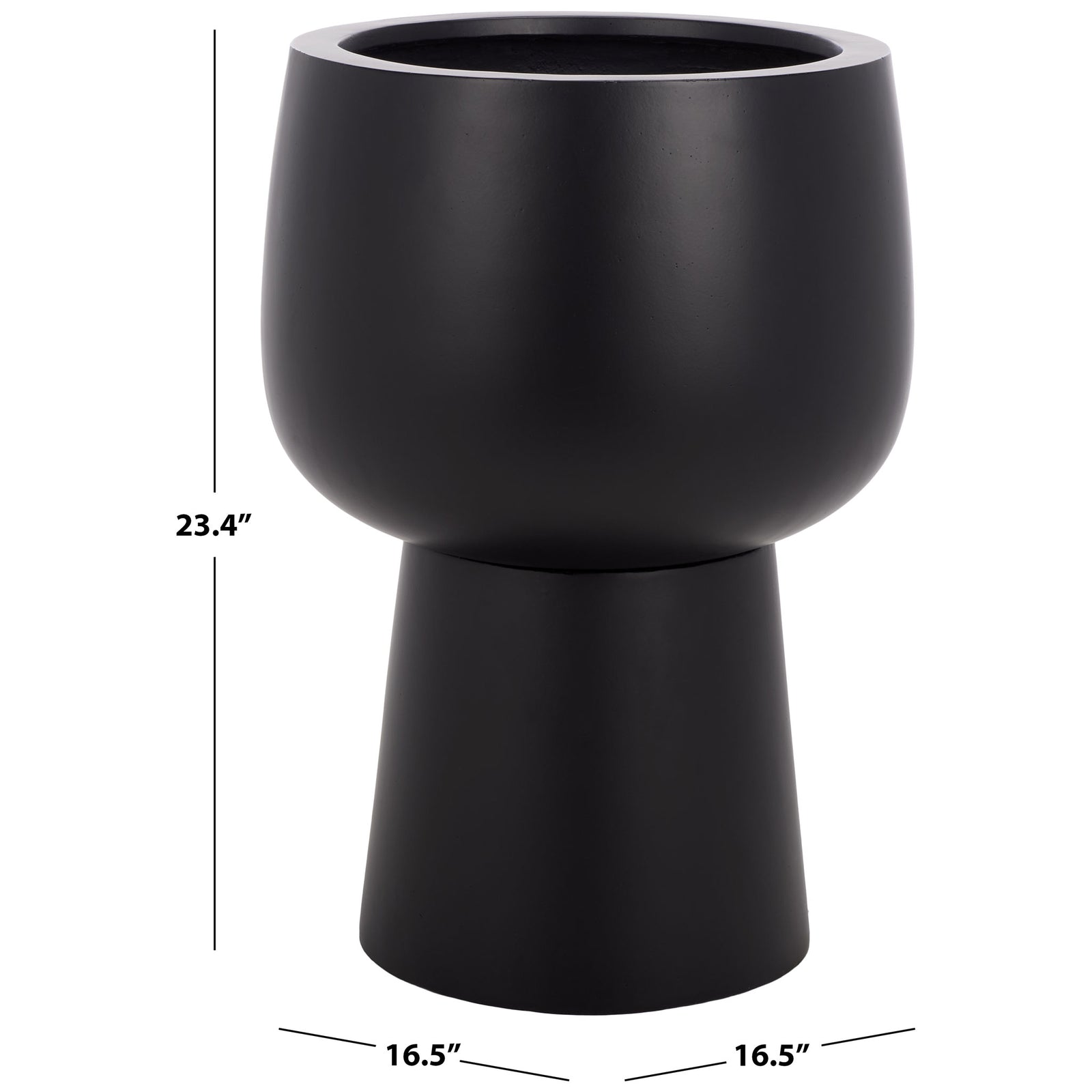 Black pedestal planter stands 23.4 inches high and measures 16.5 inches wide and deep || PAT1545A || dimension_studio