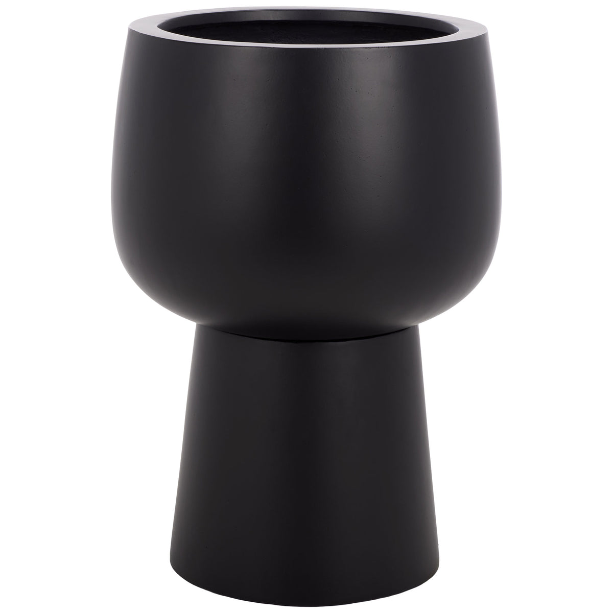 Black pedestal planter pairs a rounded bowl with a tapered base for a bold silhouette || PAT1545A || front_studio
