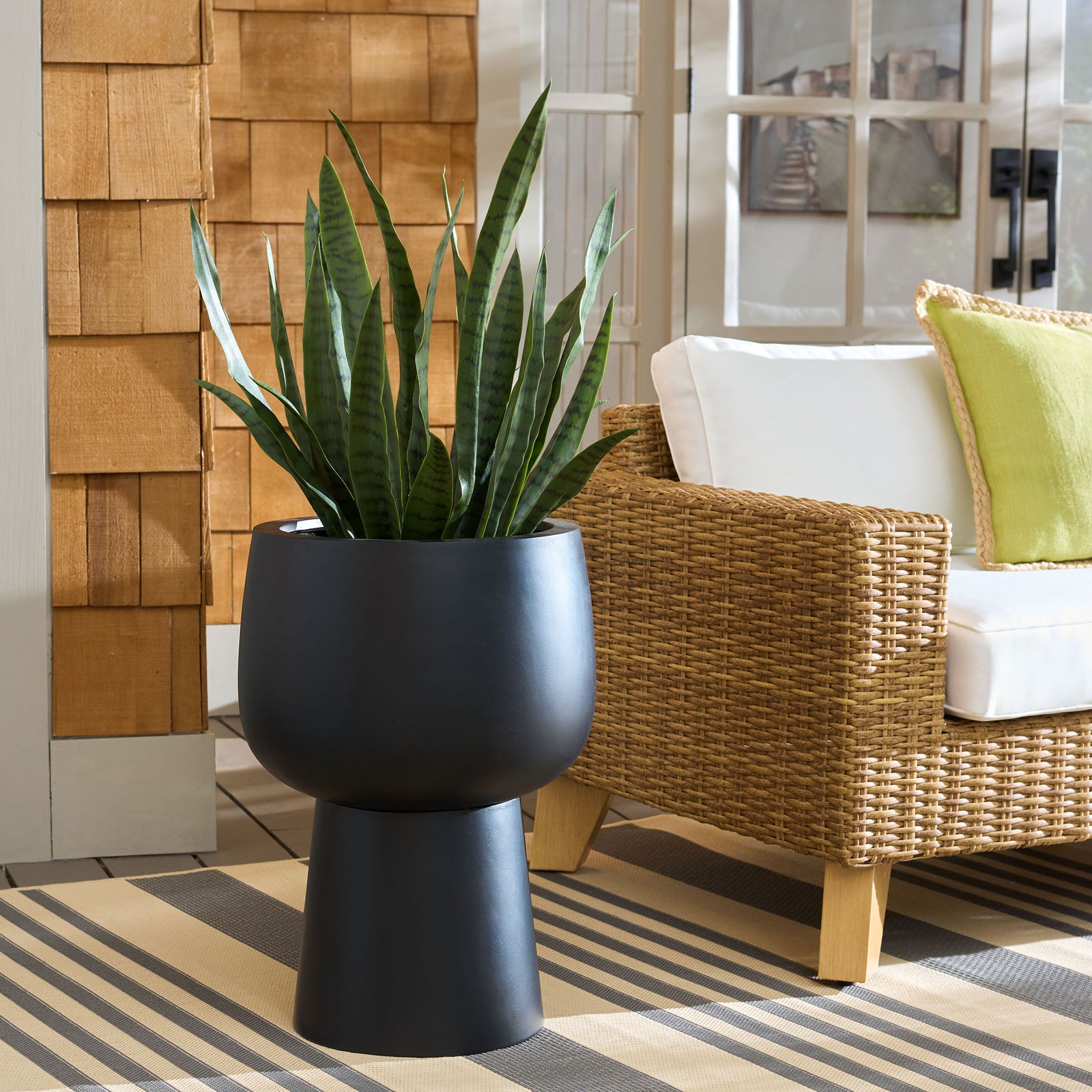 Black pedestal planter elevates tall greenery beside woven outdoor seating || PAT1545A || front_room