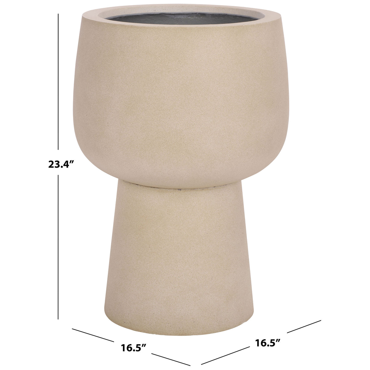 Beige pedestal planter stands 23.4 inches high and measures 16.5 inches wide and deep || PAT1545B || dimension_studio