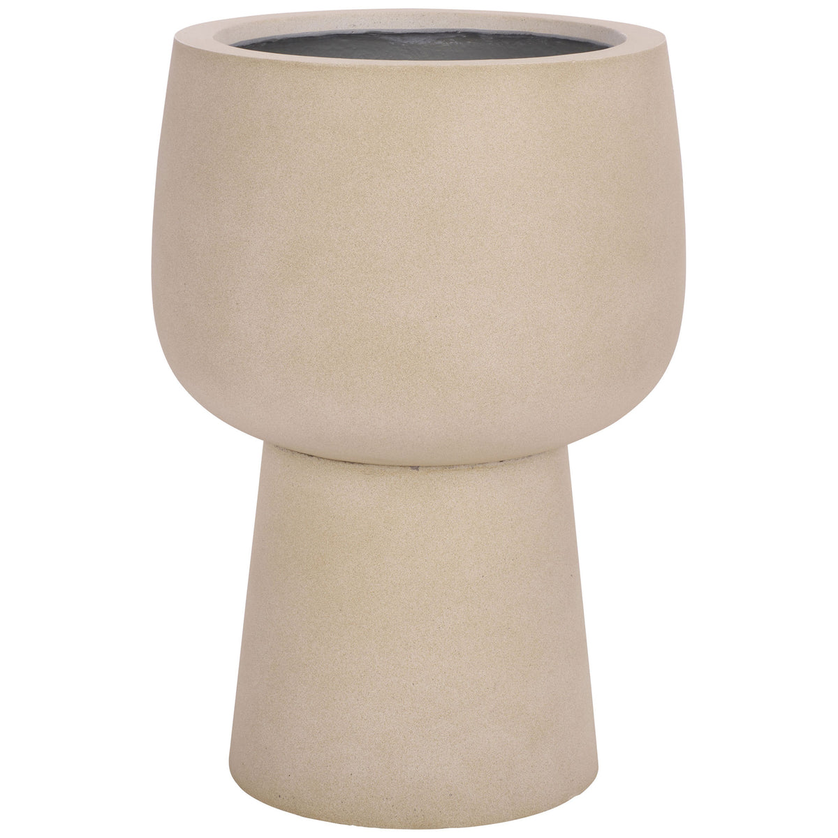 Beige pedestal planter pairs a rounded bowl with a tapered base for a sculptural silhouette || PAT1545B || front_studio