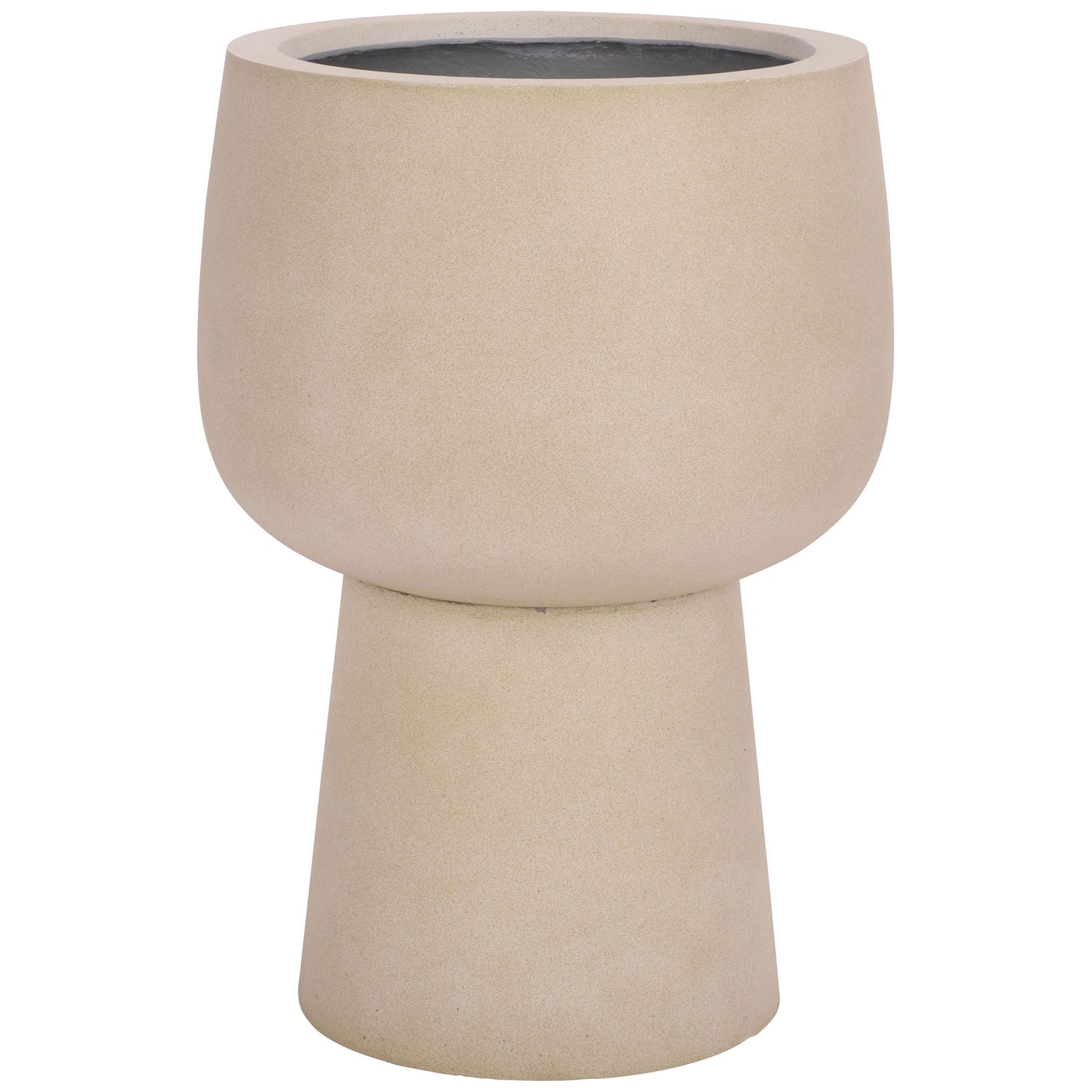 Beige pedestal planter pairs a rounded bowl with a tapered base for a sculptural silhouette || PAT1545B || front_studio