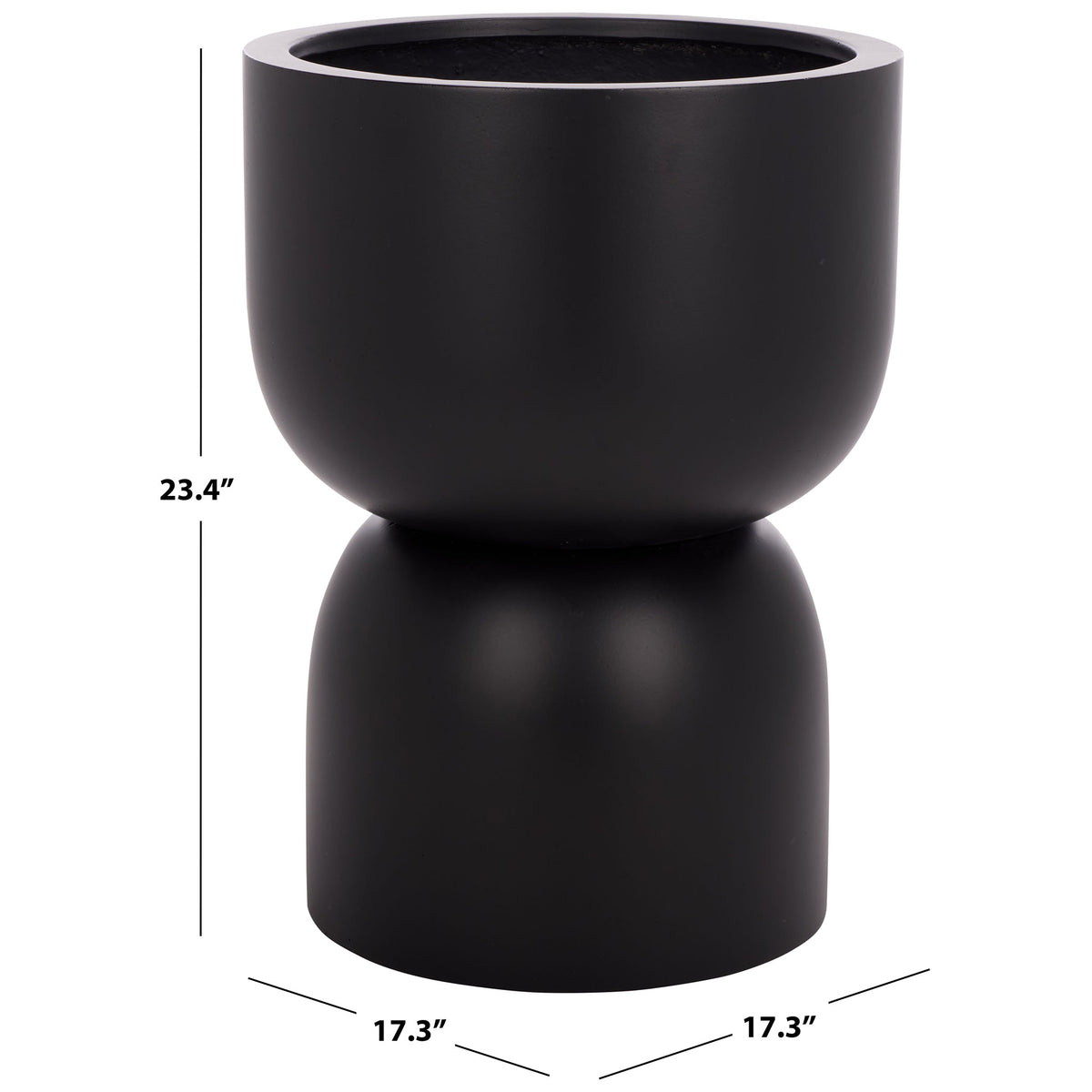 Black bowl-and-pedestal planter stands 23.4 inches tall and spans 17.3 inches wide. || PAT1546A || dimension_studio