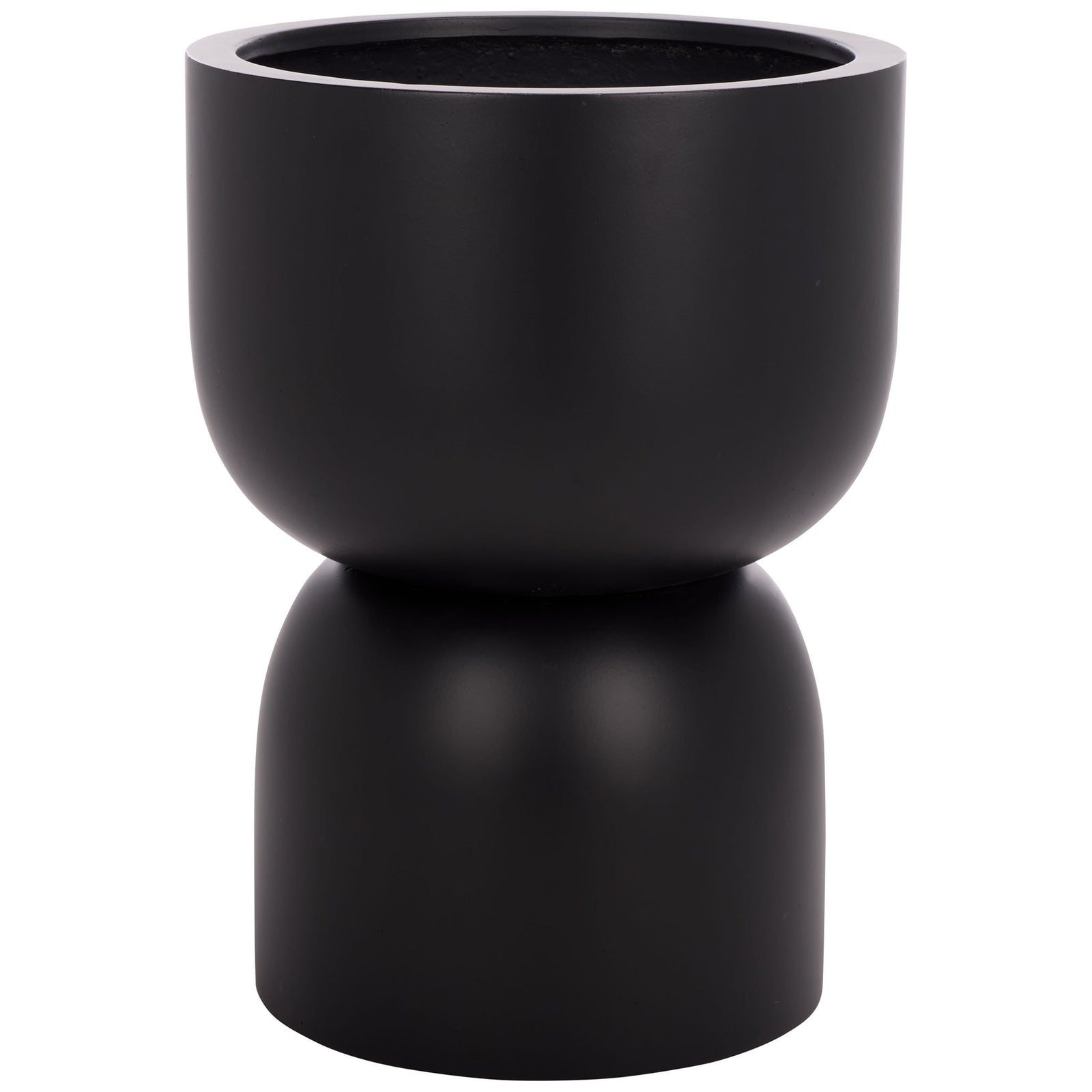 Deep black planter pairs a rounded bowl with a gently curved pedestal. || PAT1546A || front_studio