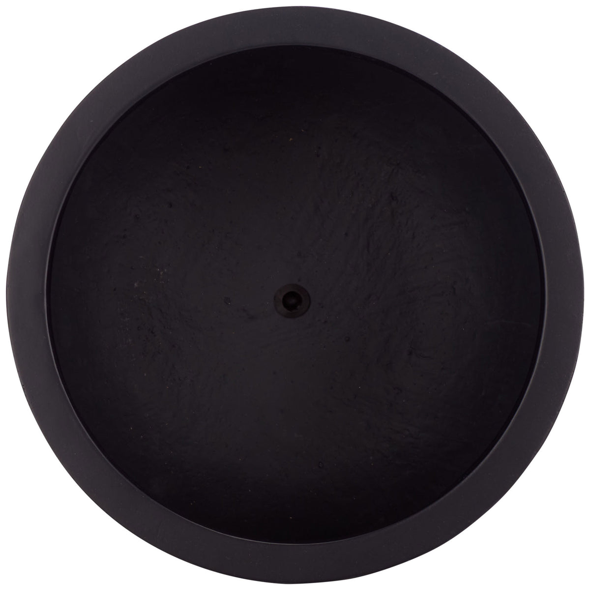 Black planter basin has a generous circular opening and a central drainage hole. || PAT1546A || top_studio