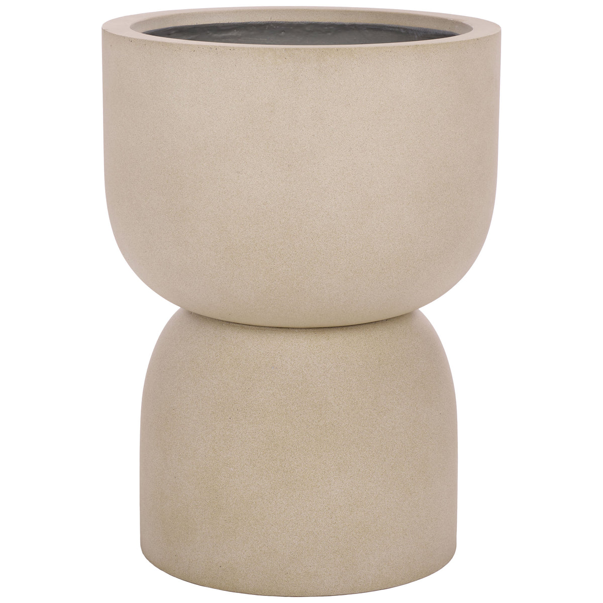 Softly speckled beige planter pairs a rounded bowl with a curved pedestal base. || PAT1546B || front_studio