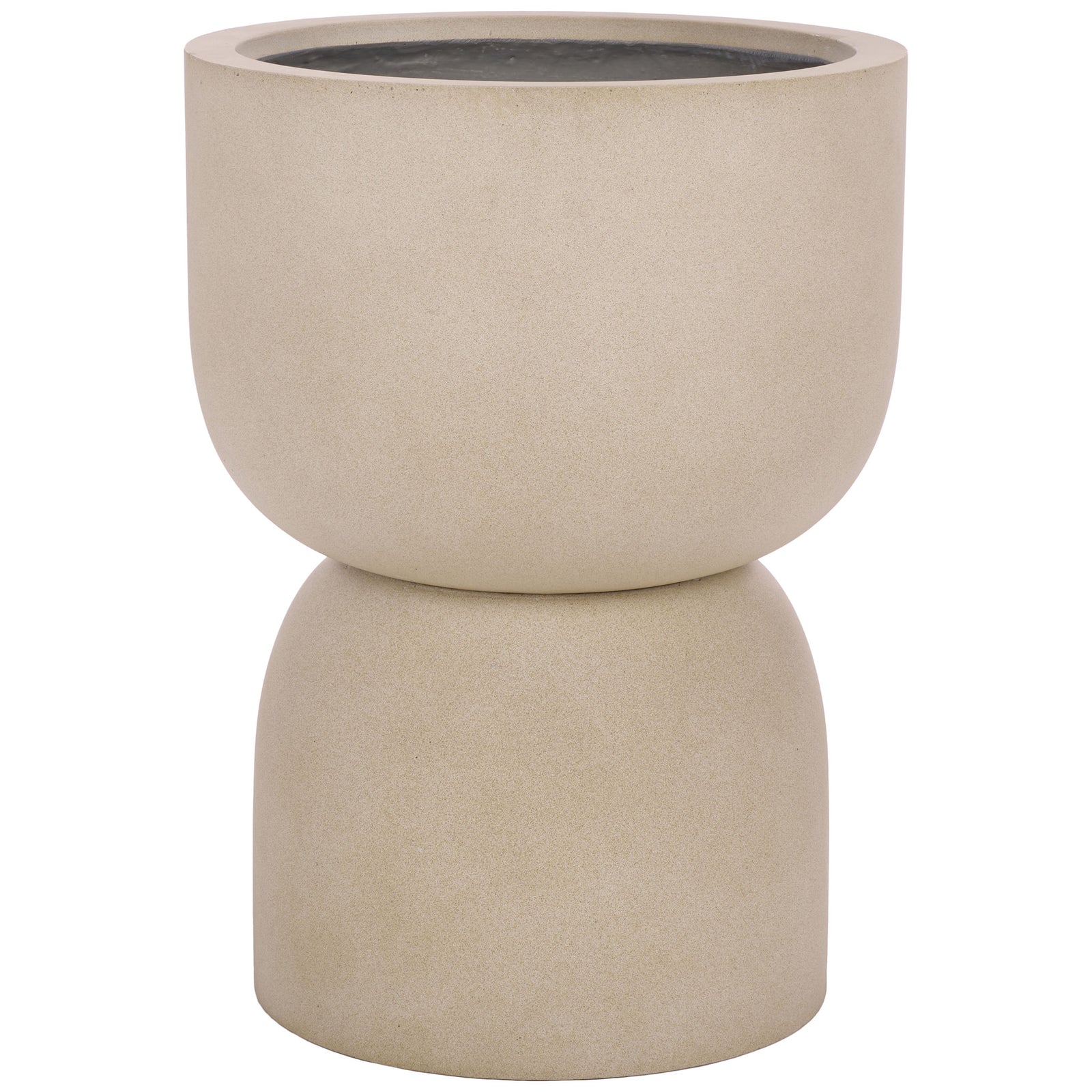 Softly speckled beige planter pairs a rounded bowl with a curved pedestal base. || PAT1546B || front_studio