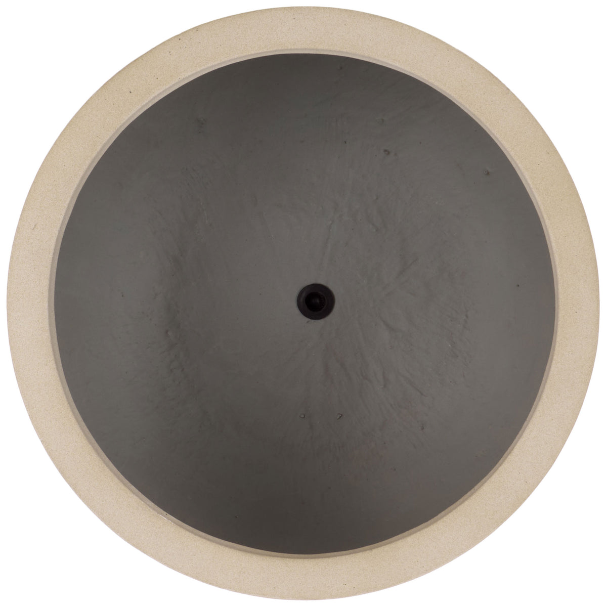 Round beige planter basin features a central drainage hole and a wide rim. || PAT1546B || top_studio