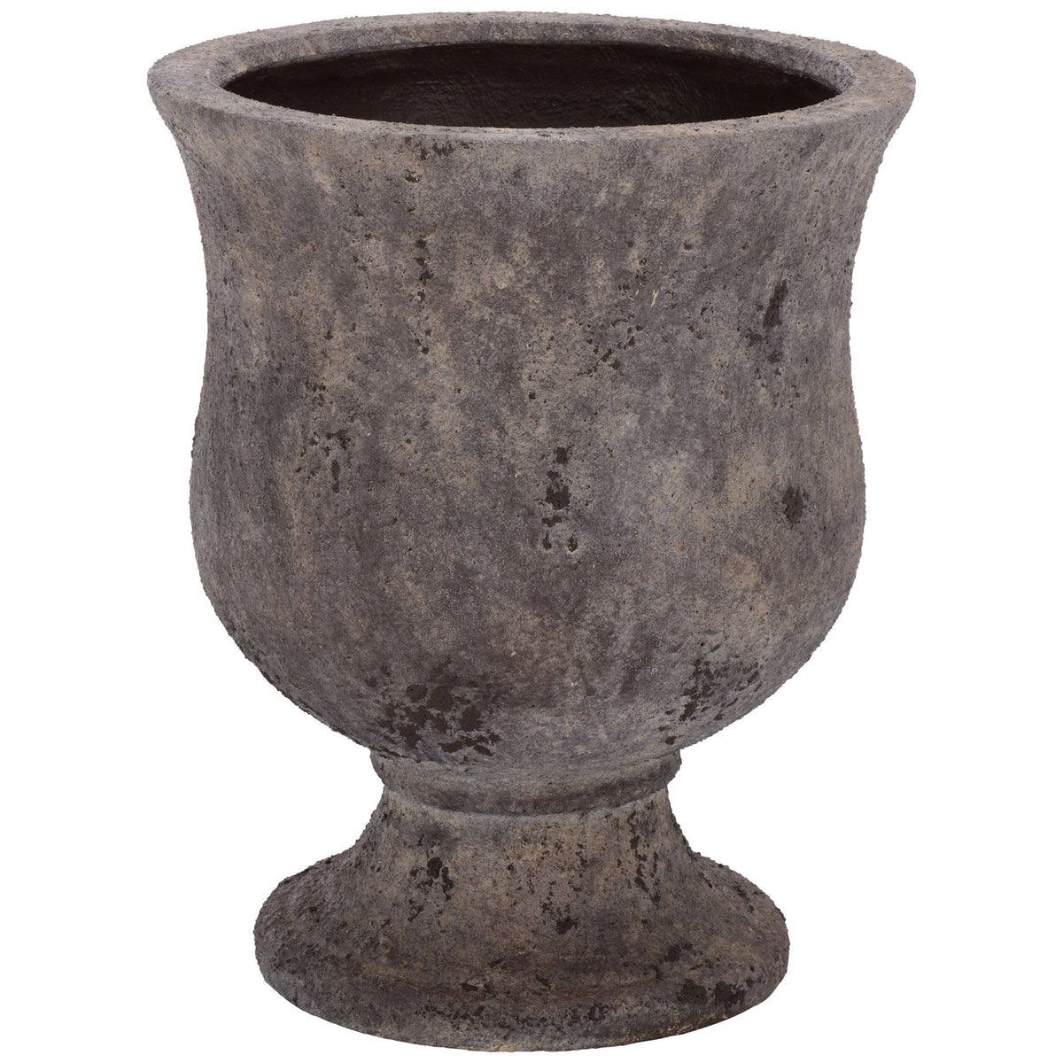 Antique brown urn planter pairs a softly flared rim with a sturdy pedestal base || PAT1547A || front_studio