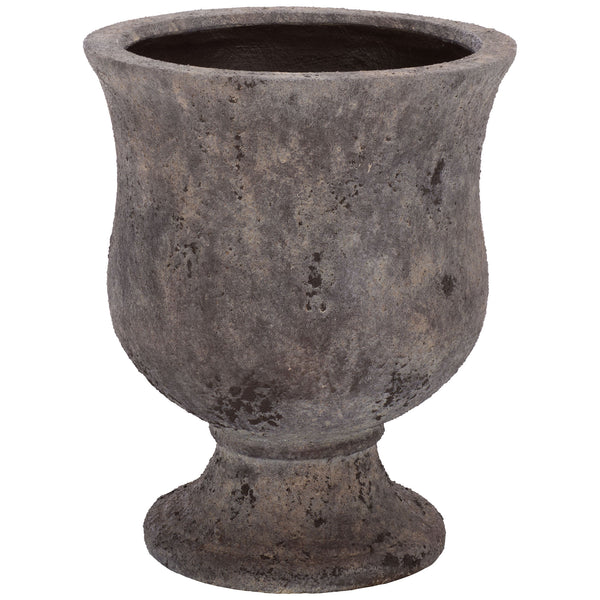 Antique brown urn planter pairs a softly flared rim with a sturdy pedestal base || PAT1547A || front_studio