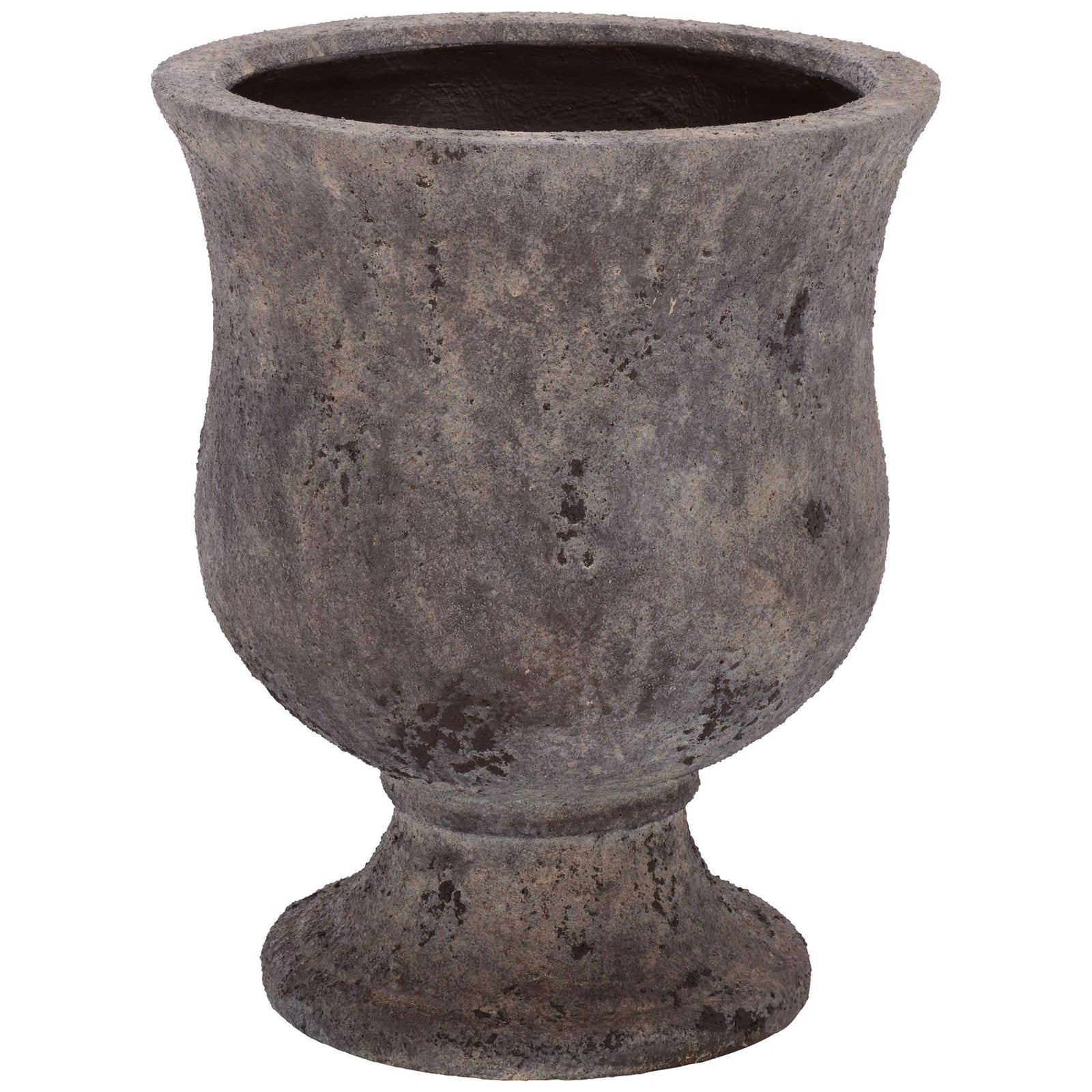 Antique brown urn planter pairs a softly flared rim with a sturdy pedestal base || PAT1547A || front_studio