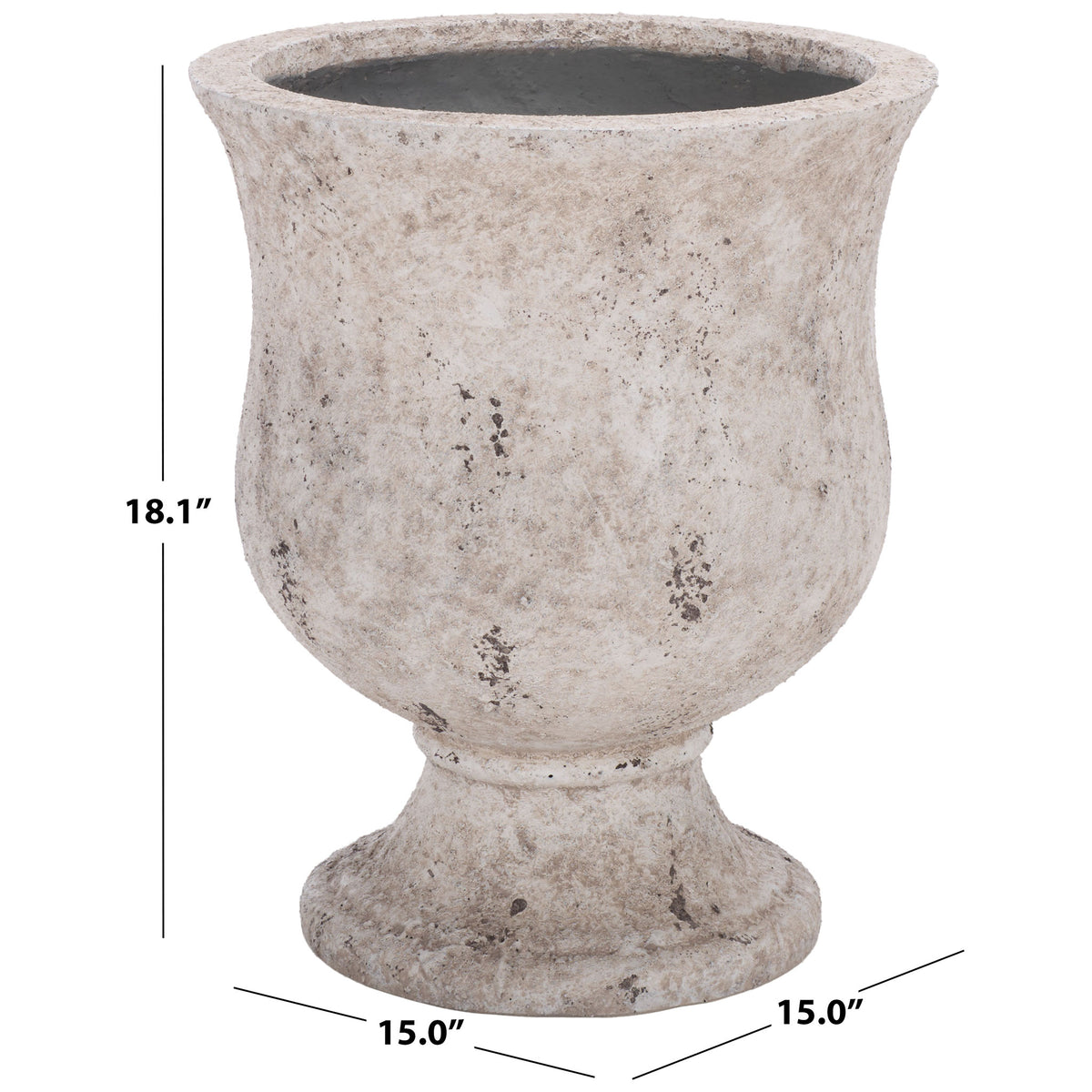 Antique white planter measures 15 inches wide and deep and 18.1 inches high