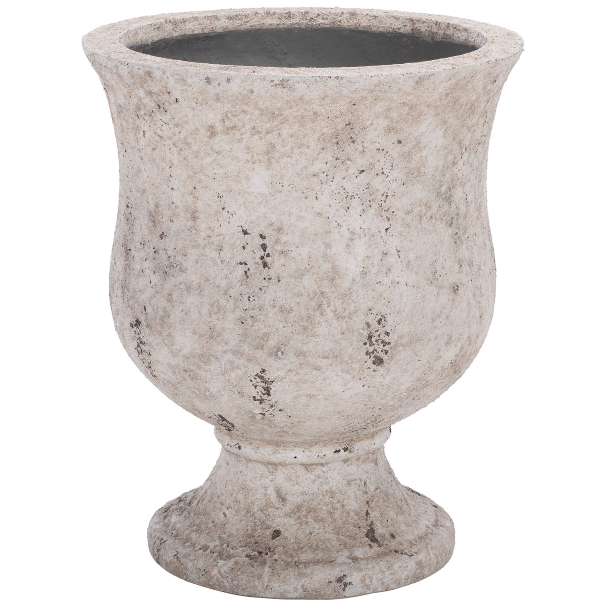 Antique white urn planter has a softly rounded bowl and a classic pedestal base || PAT1547B || front_studio