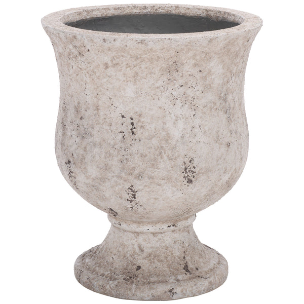 Antique white urn planter has a softly rounded bowl and a classic pedestal base || PAT1547B || front_studio